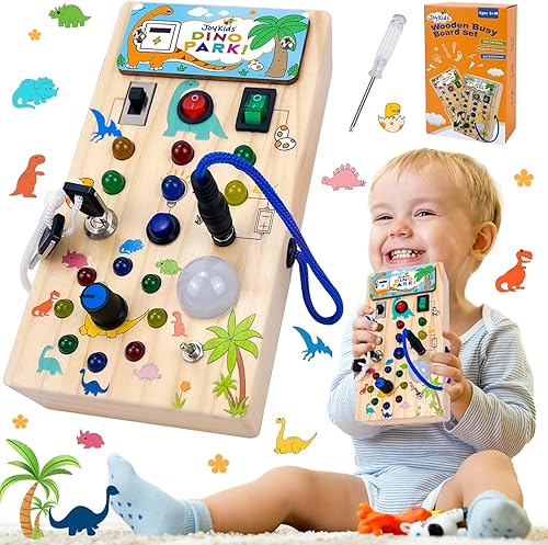 Montessori - Tablero sensorial de madera para bebé, interruptor de luz LED de dinosaurio, juguete de viaje, artículos esenciales para viajes por