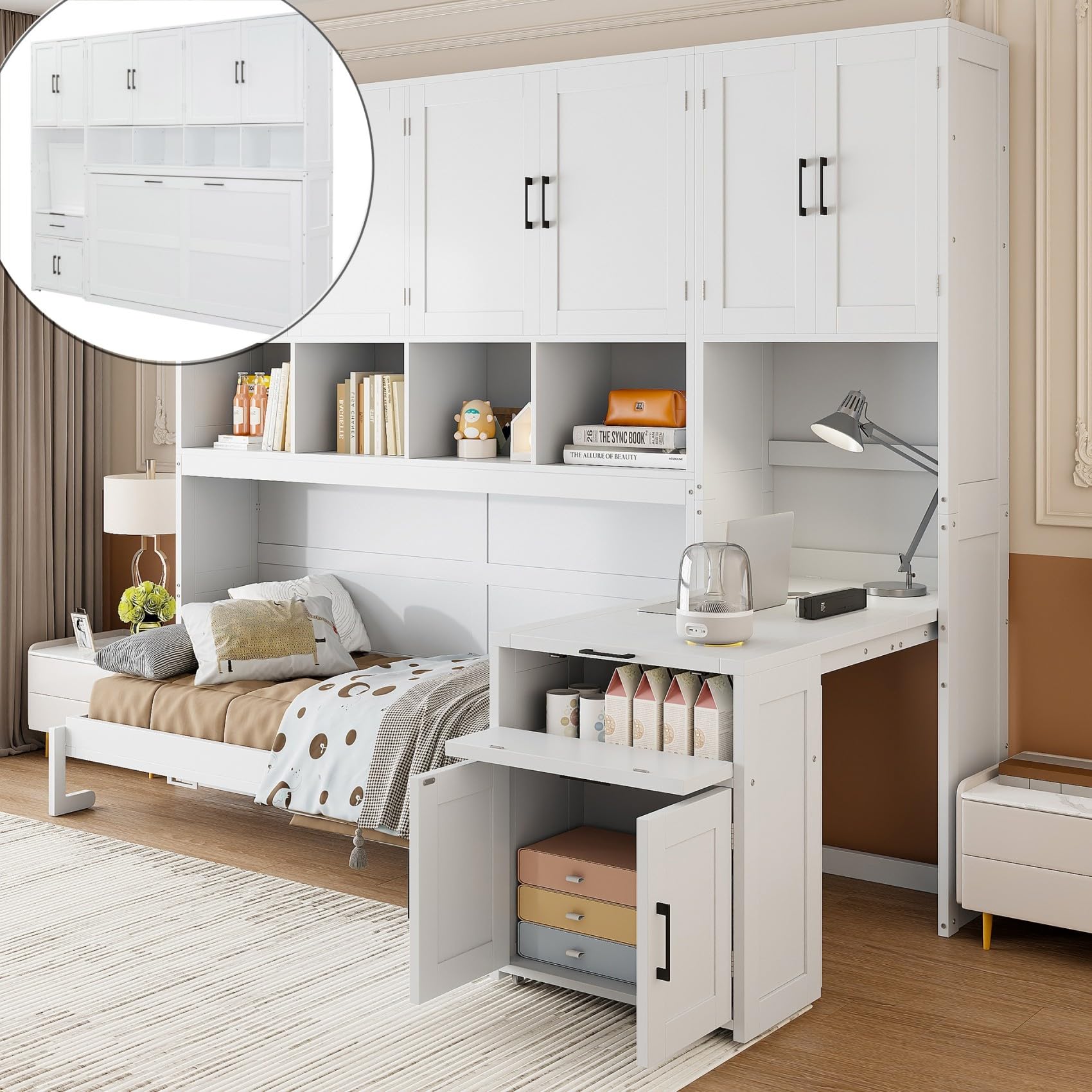 Merax 90.4"H Twin Size Murphy Bed Cabinet With Built-in Desk, Storage Closet, Drawers & Shelves, Wood Foldable Hidden Wall Platform Bedframe For Home,