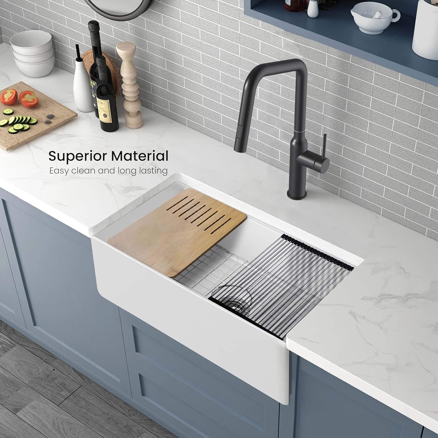 KIBI Pure Series K2-SF30T 30-inch Fireclay Farmhouse Kitchen Workstation Sink | Single Bowl Heat-Resistant Glazing with Bottom Grid, Strainer, Cutting Board, and Roll-Up Tray | Durable White Sink