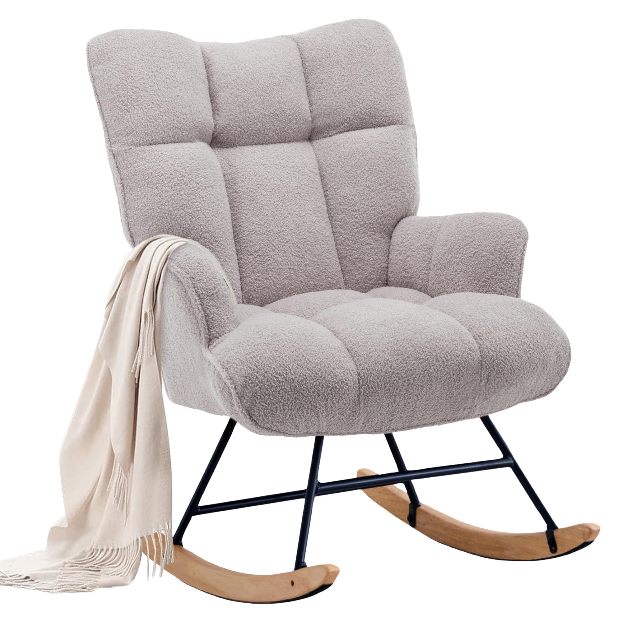 XH.Easy Go Rocking Chair Nursery Teddy Upholstered Glider Rocking Accent Chairs Padded Seat with Rubber Wood Legs Armchair Comfy Side Chair for Living Room Bedroom Offices (Grey Teddy) — image 1