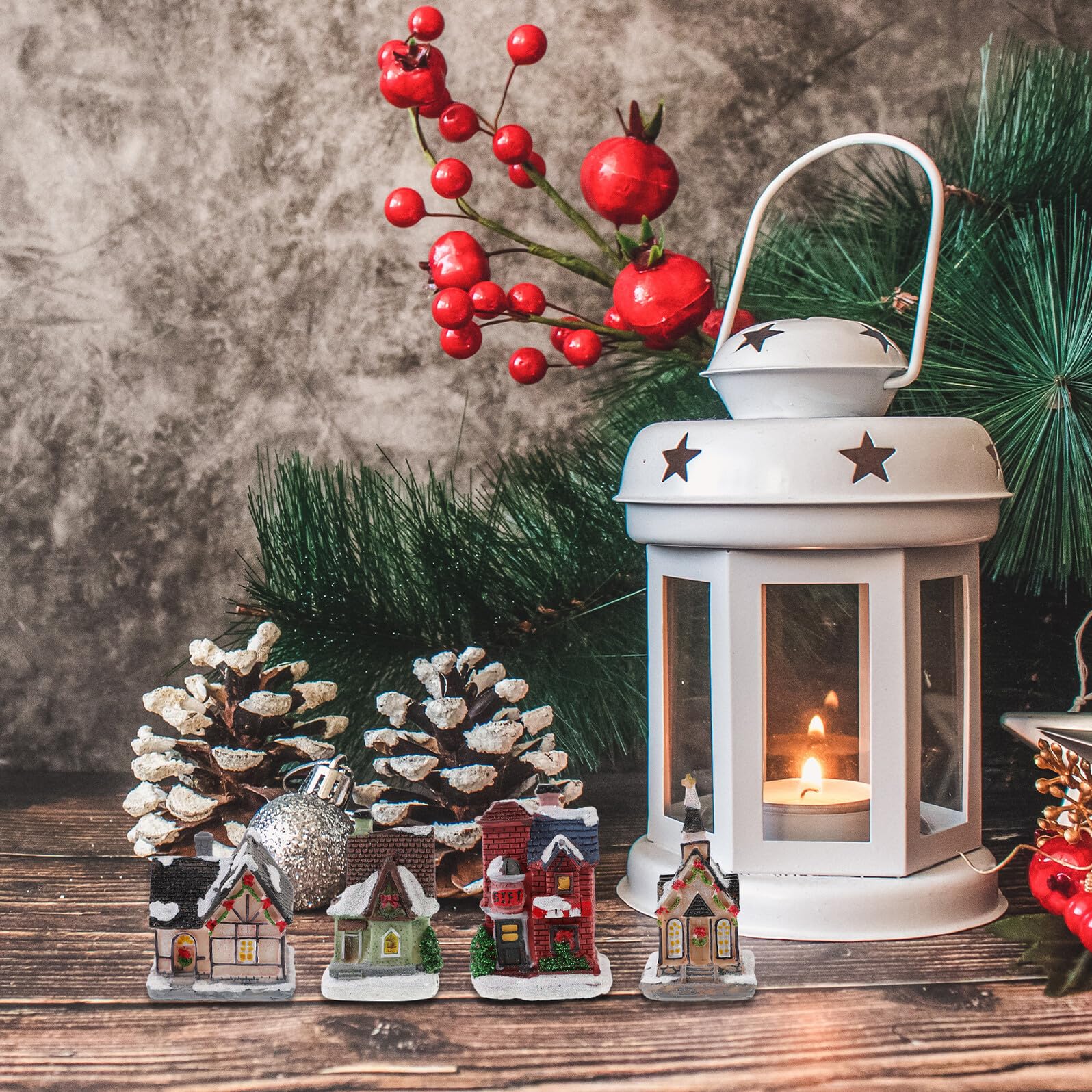 POPETPOP Adorno de Resina Luminosa para Navidad Diseño de Casita, Batería Incluida, Detalles Delicados para Decorar Escritorio o Comedor en Casa Varios Estilos