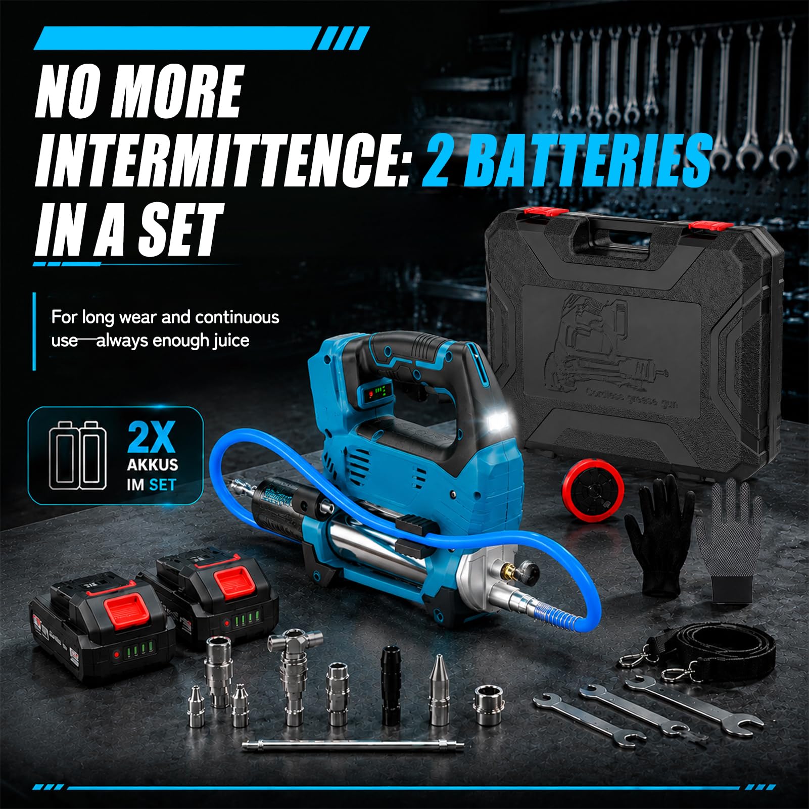 12.000 PSI Engrasadora Bateria Kit - Set Completo con 2 Baterias Premium de 2,0 Ah, Manguera Flexible de 1 M, Luz Led Brillante Y Motor Sin Escobillas Potente, 3 Velocidades Variables