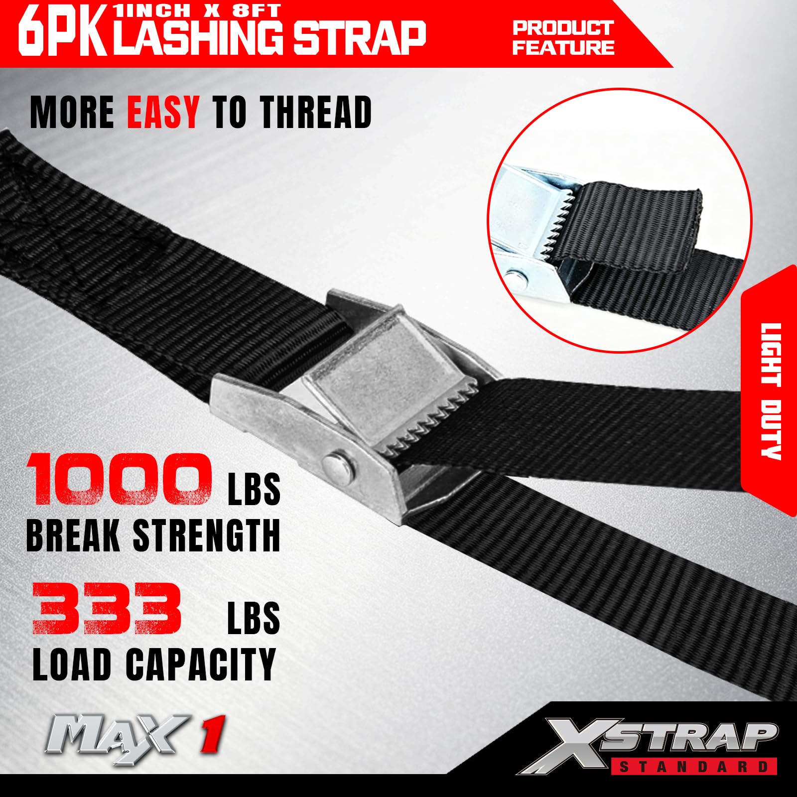 XSTRAP paski z klamrą krzywkową, 200 cm, czarne paski mocujące z torbą do przenoszenia, do zabezpieczania ładunku, bagażu, motocykla, kajaka