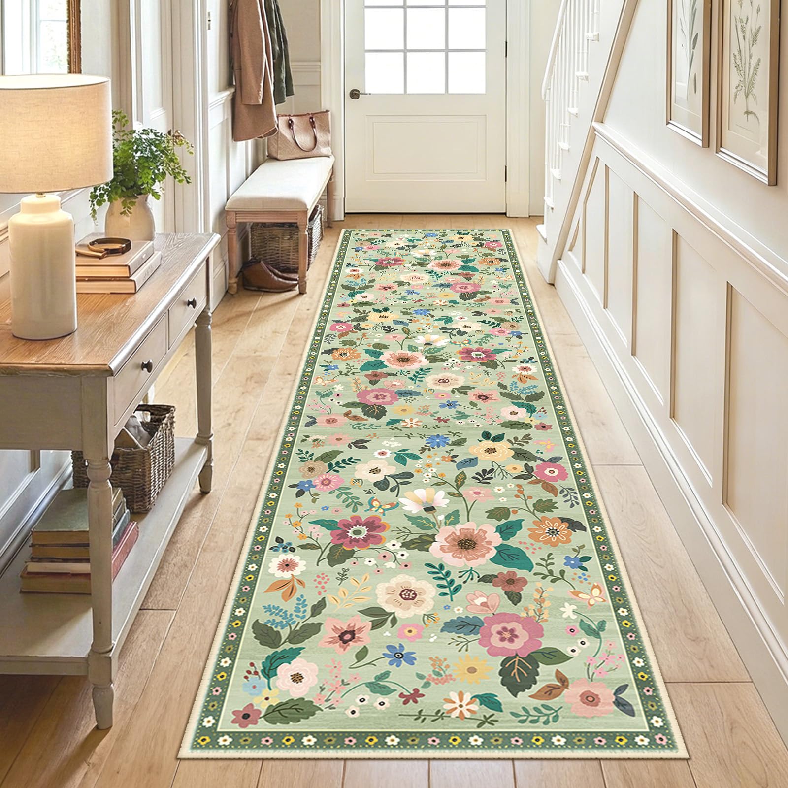 DEFYNEE Runner Rugs for Hallway, 60×240cm Floral Rug, Non-Slip 5.88mm Low Pile Boho Vintage Floral Carpet with Printed Design for Kitchen, Bedroom, Entryway, Lounge, Bedside, Light Green — image 1