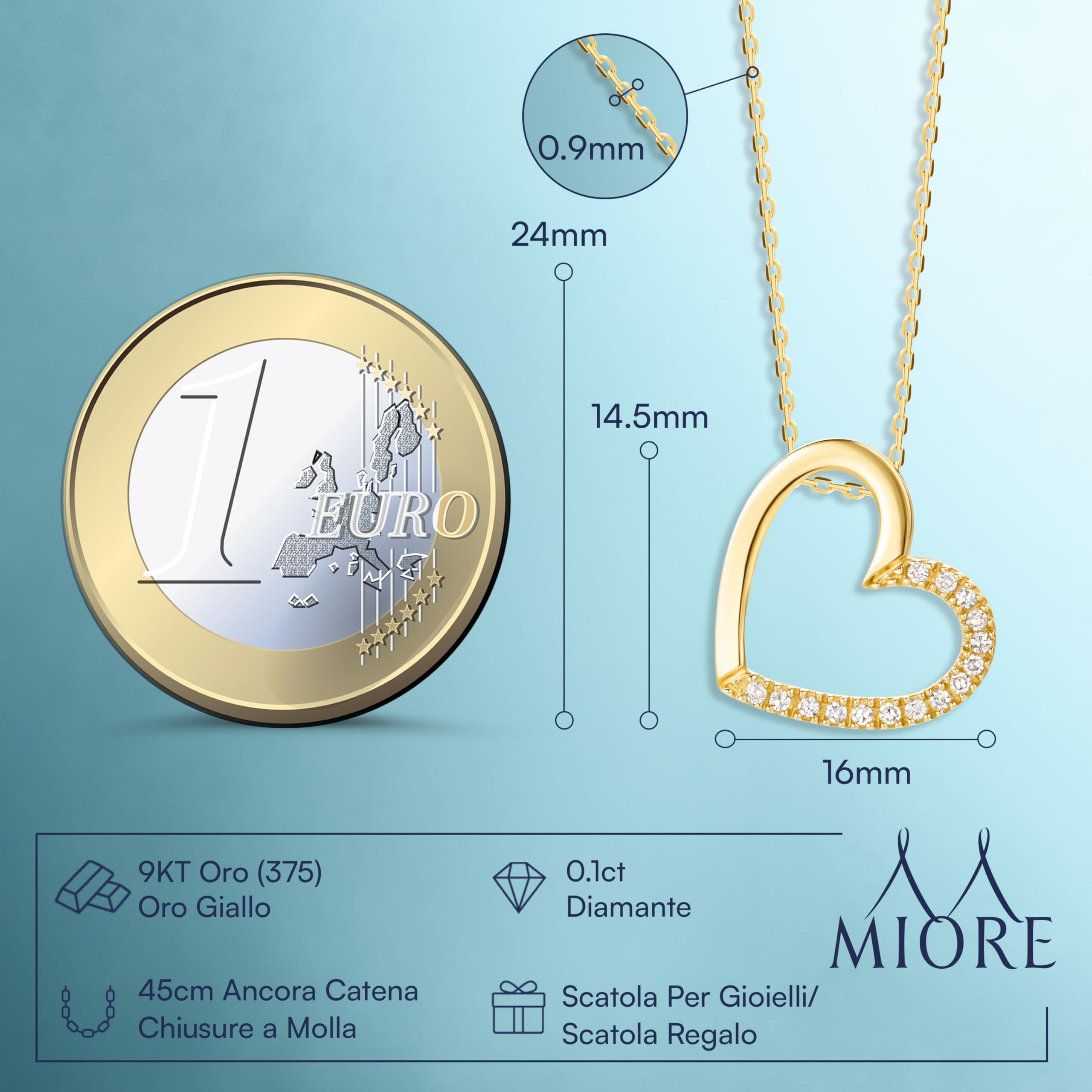 MIORE Collana con Cuore Oro Giallo e Diamanti Naturali, Vero Oro 9KT 375, Catenina con Pendente a Cuore Lucido e fila di Brillanti - Ciondolo con Catena anallergica. La Catenina è lunga Cm. 45.
