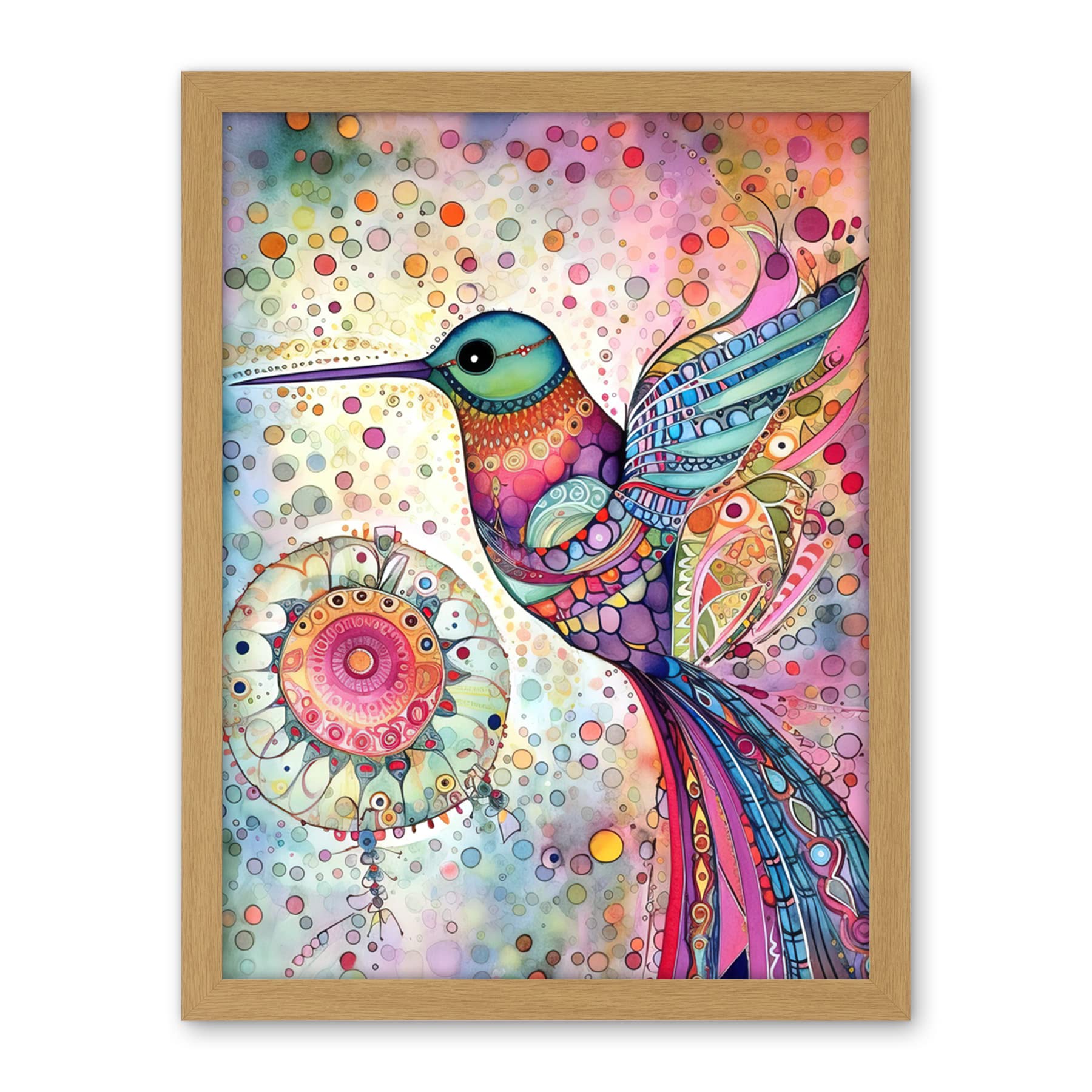 Artery8 Hummingbird With Mandala Patterns Colourful Folk Art Watercolour Painting Artwork Framed Wall Art Print 18X24 Inch