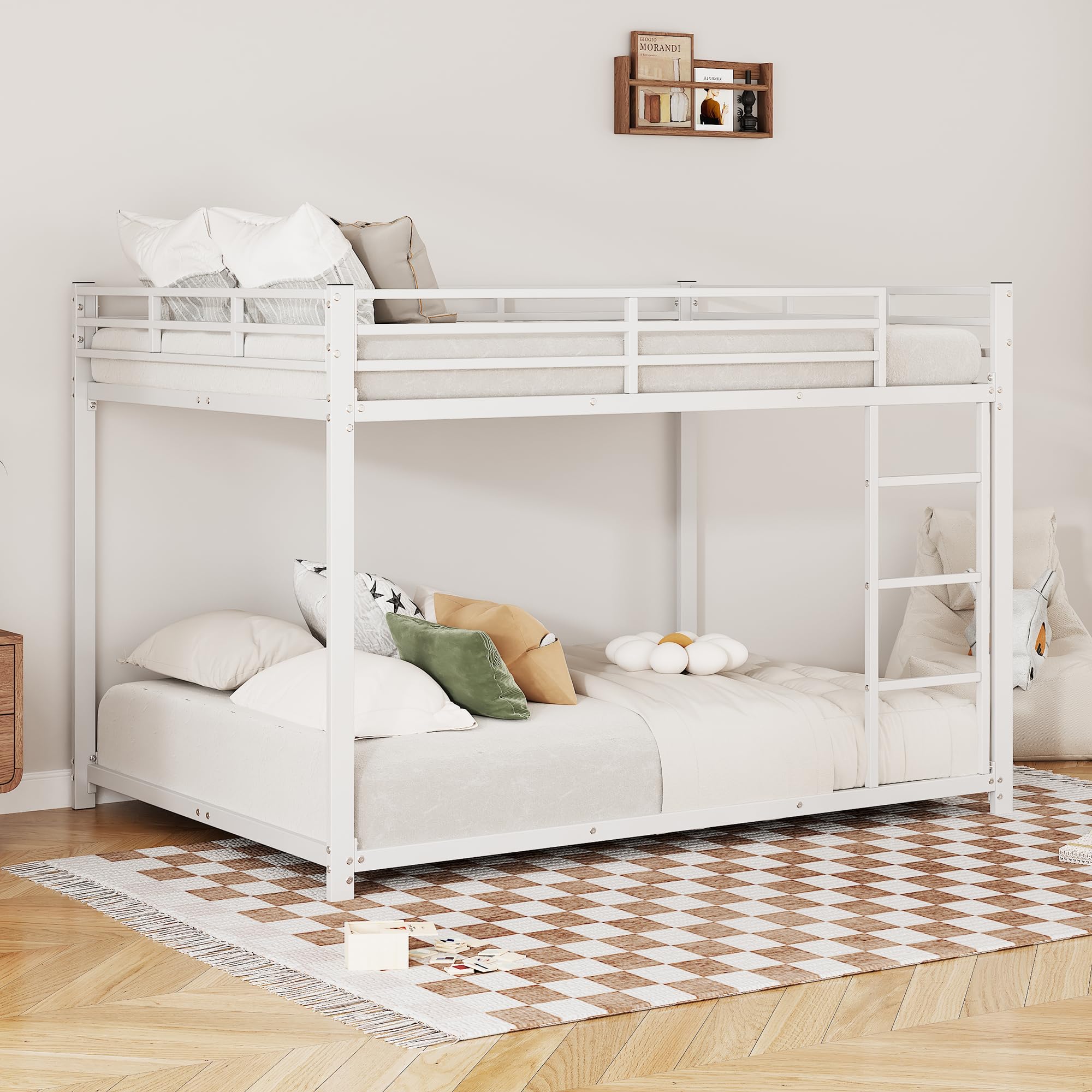 Cama alta de 140 x 200 cm, litera para 2 niños, estructura de metal, literas con barandilla alta estable, color blanco (blanco, 140 x 200 cm)