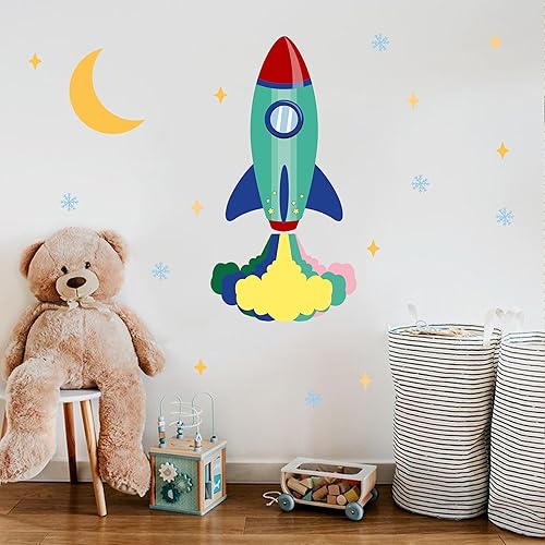 Miniatura 4 de MUWEOL Adhesivo de pared del espacio exterior, calcomanías de pared de cohete, estrellas de luna, copo de nieve, bebé, cuarto de niños, dormitorio,