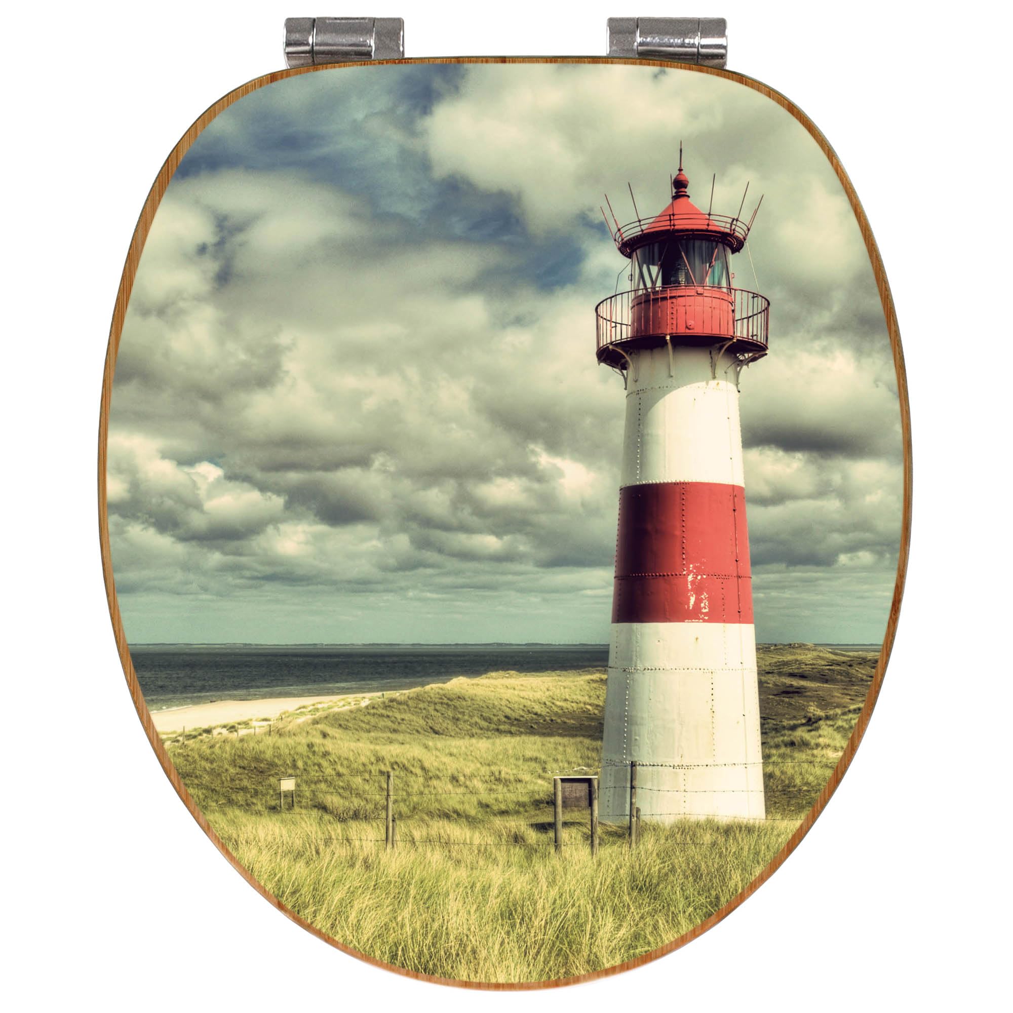 banjado Design WC Sitz Bambus Absenkautomatik 45,8x37,5cm - Toilettendeckel mit Absenkautomatik Holz - hochwertiger Bambus Klodeckel - WC-Sitz für gängigen Toiletten - Motiv Leuchtturm Sylt