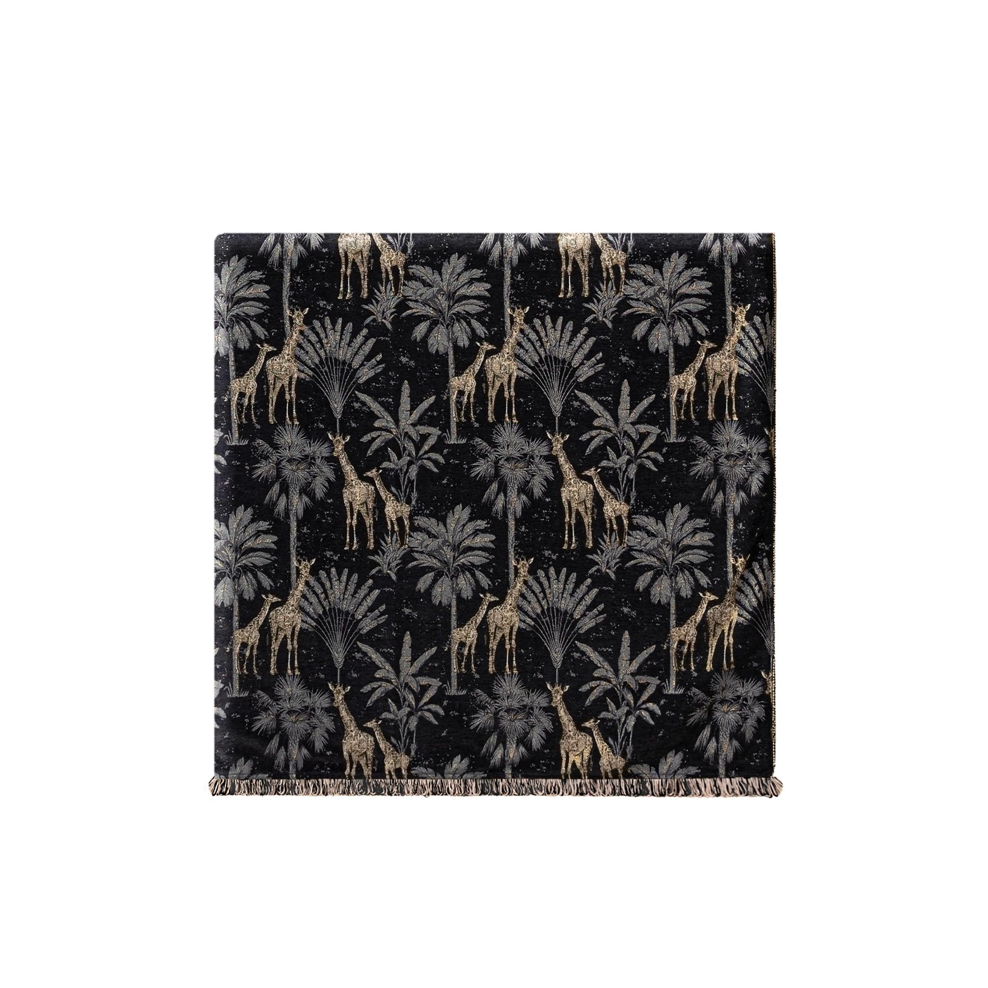 TOPWEAVE Jacquard Throw Blanket for Bed, 52”x72”, Black Giraffe Design | Safari Animal Palm Tree Chenille Decorative Fall Blankets with Fringe, Soft Velvet Lined Bed Throws for Couch Sofa Chair Gift