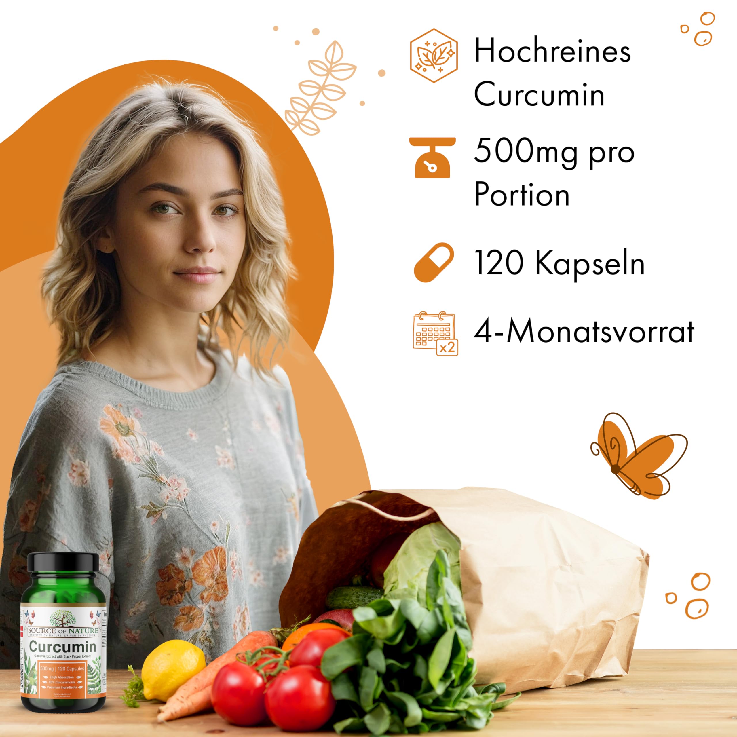Source of Nature® | 500mg Kurkuma-Extrakt | 120 Kapseln | +95% Reine Curcuminoide | Hergestellt in der EU | Mit BioPerine® (Schwarzer Pfeffer-Extrakt) zur Absorption | Aus Kurkuma | Hochdosiert