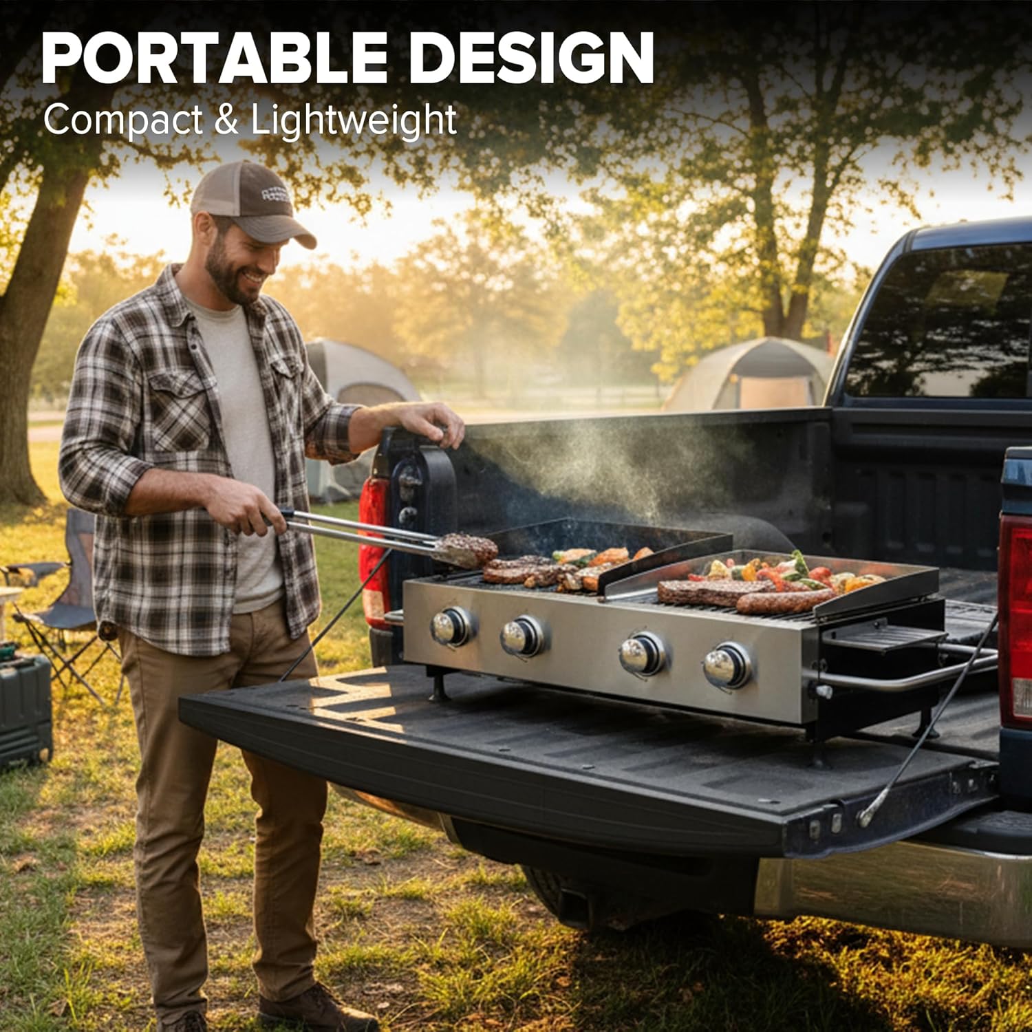 Portable Gas Grill and Griddle Combo, 4-Burner Propane Grill with Cast Iron Grates and Stainless Steel Griddle, 40,000 BTU Tabletop Grill Griddle Combo for Outdoor BBQ, Camping, Tailgating