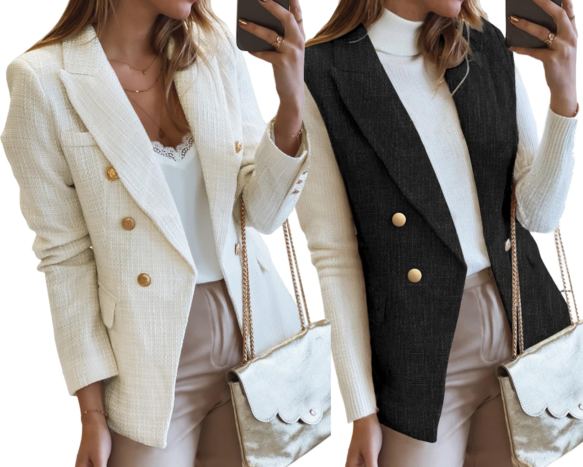 Happy Sailed Womens Tweed Blazer 2 PCS Double Breasted Open Front Blazer Jackets Work Suits