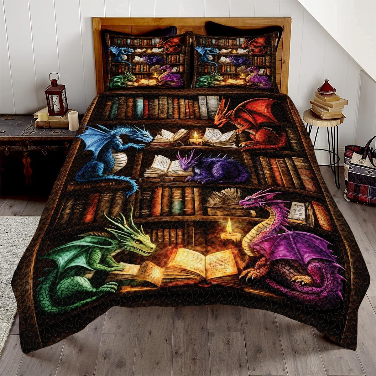 Personalized Book Dragon Quilt Bed Set, Dragon Quilted Blanket Bedding Set - Dragon Bedding Set Twin Set Dragon Bookshelf Decor Dragon Lover Gift (Colorful Dragon, Throw/Twin/Queen/Full/King)