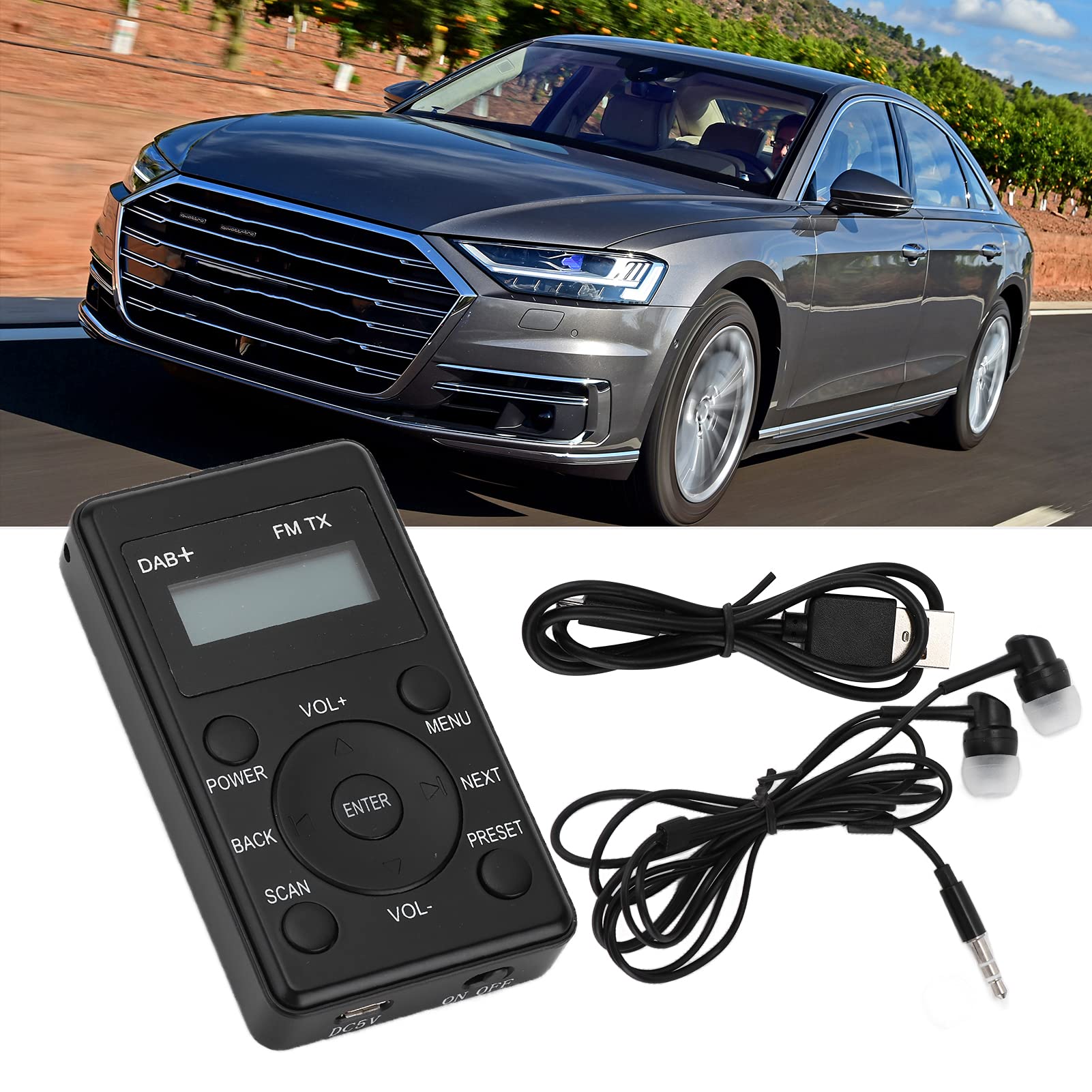 Radio DAB portátil, DAB/DAB+/FM, sonido digital claro del coche con auriculares, radio de bolsillo con pantalla LCD, alarma doble, temporizador, auriculares para correr