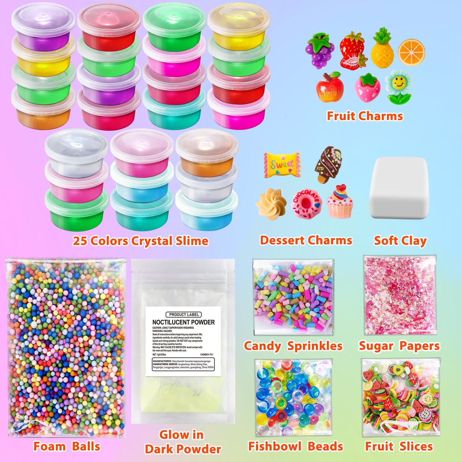 25 Cups DIY Slime Kit, Slime Making Kit for Girls Glow in The Dark, Crystal Clear Slime with Add-ins, Foam Balls, Charms - Image 3