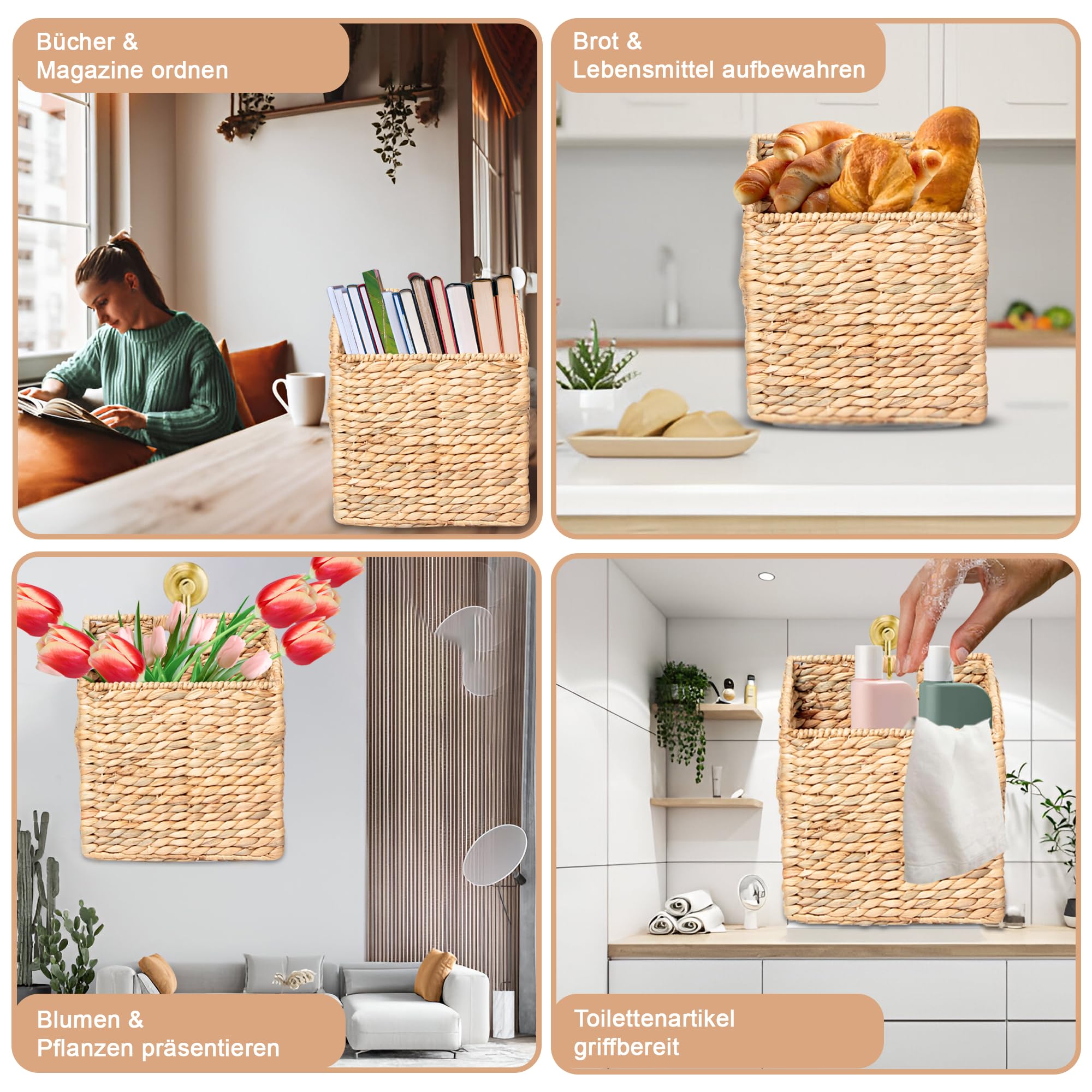 2er Set Hängende Aufbewahrungskörbe aus Wasserhyazinthe – Handgeflochtene Wandkörbe für Post, Dokumente, Bücher & Zubehör – Wandorganizer für Flur, Küche, Büro – Boho & Landhausstil
