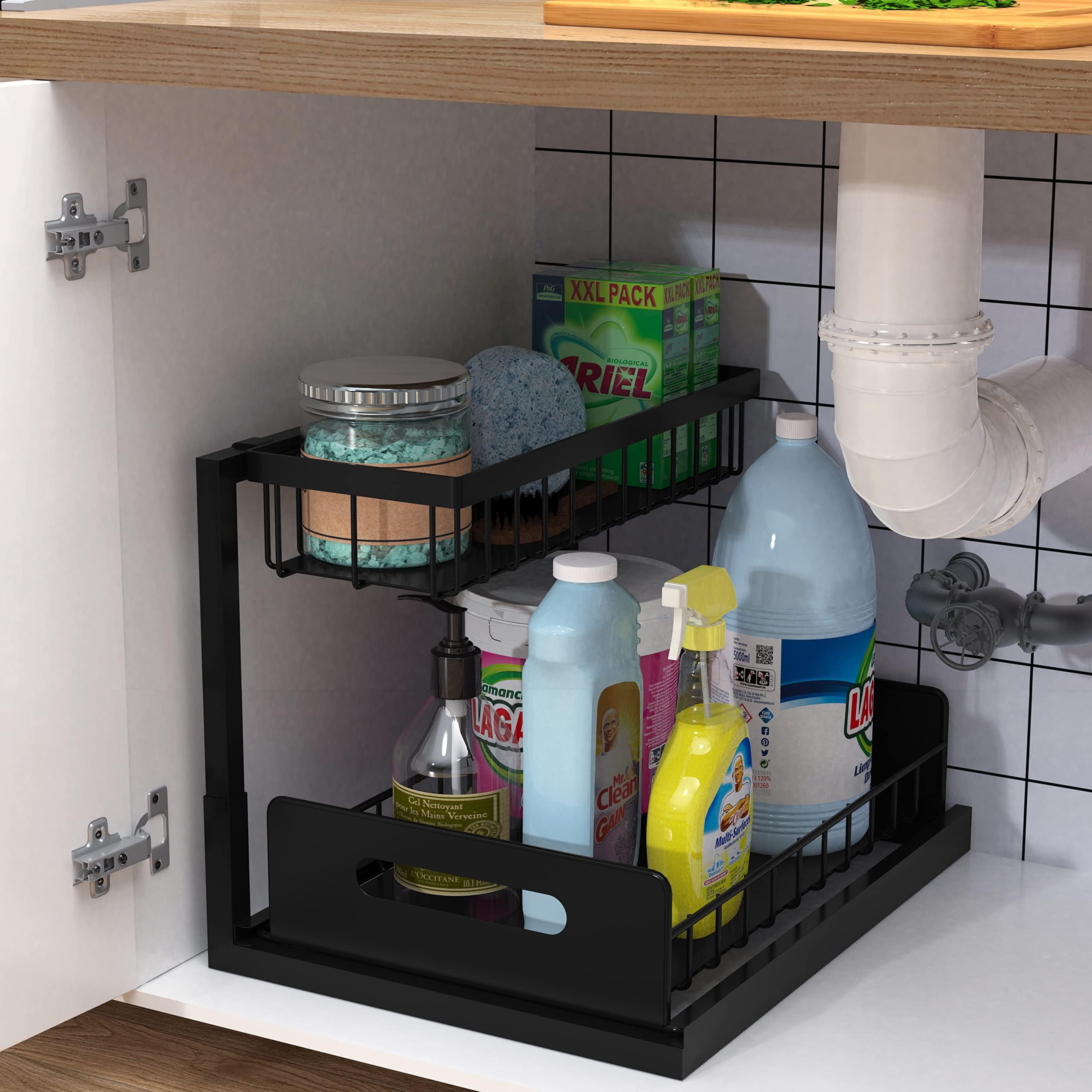 HomodoskeyUnder Sink Organizer, Pull Out Cabinet Organizer 2 Tier Slide Out Sink Shelf Cabinet Storage Shelves, Under Sink Organizers and Storage for Kitchen Bathroom Cabinet (BLACK 1 PCS)