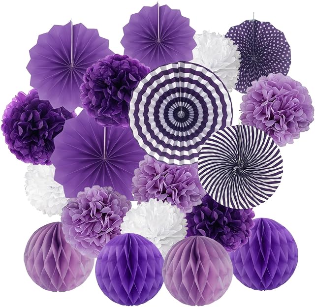 ZERODECO Purple Party Decorations, Hanging Paper Fan Set Tissue Paper Pom Poms Flower Fan and Honeycomb Balls for Birthday Baby Shower Wedding Festival Decorations