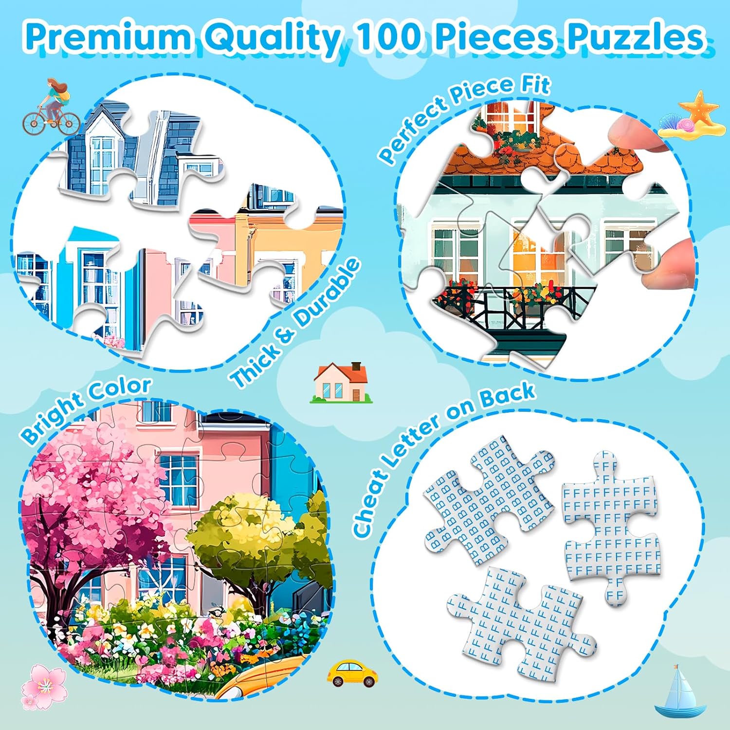 4 Packs 100 Piece Puzzles for Kids Adults, 4 in 1 Jigsaw Puzzles for Kids Ages 6-8 8-10, Beautiful House Large Piece Puzzle for Seniors Learning Educational Children Puzzle 5-8 for Boys and Girls