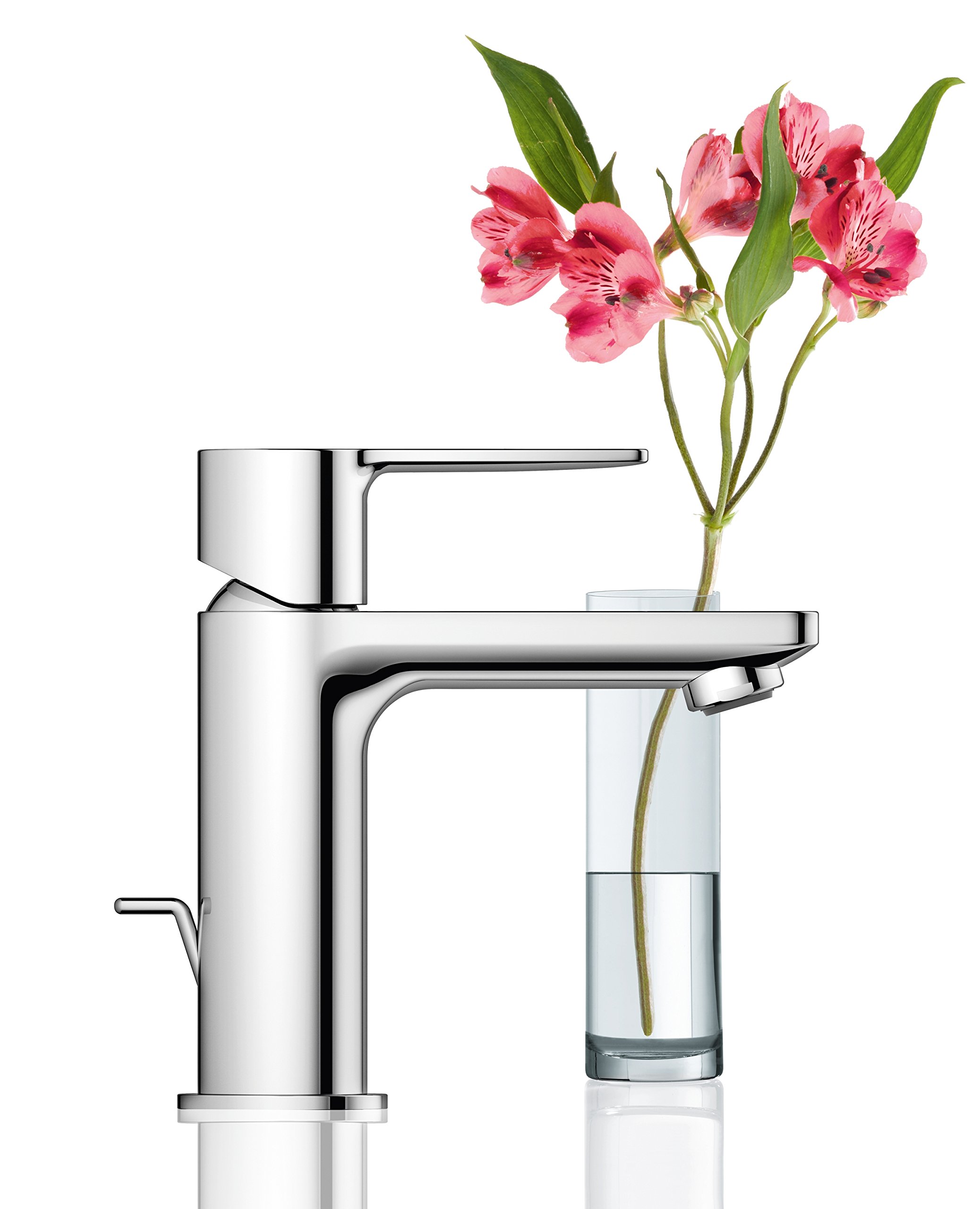 GROHE Lineare – Grifo Monomando de Lavabo con Vaciado Automático (Instalación sobre Repisa, Tamaño XS 155 mm, Cartucho Cerámico de 28 mm, Flexibles 3/8"), Cromo, 32109001