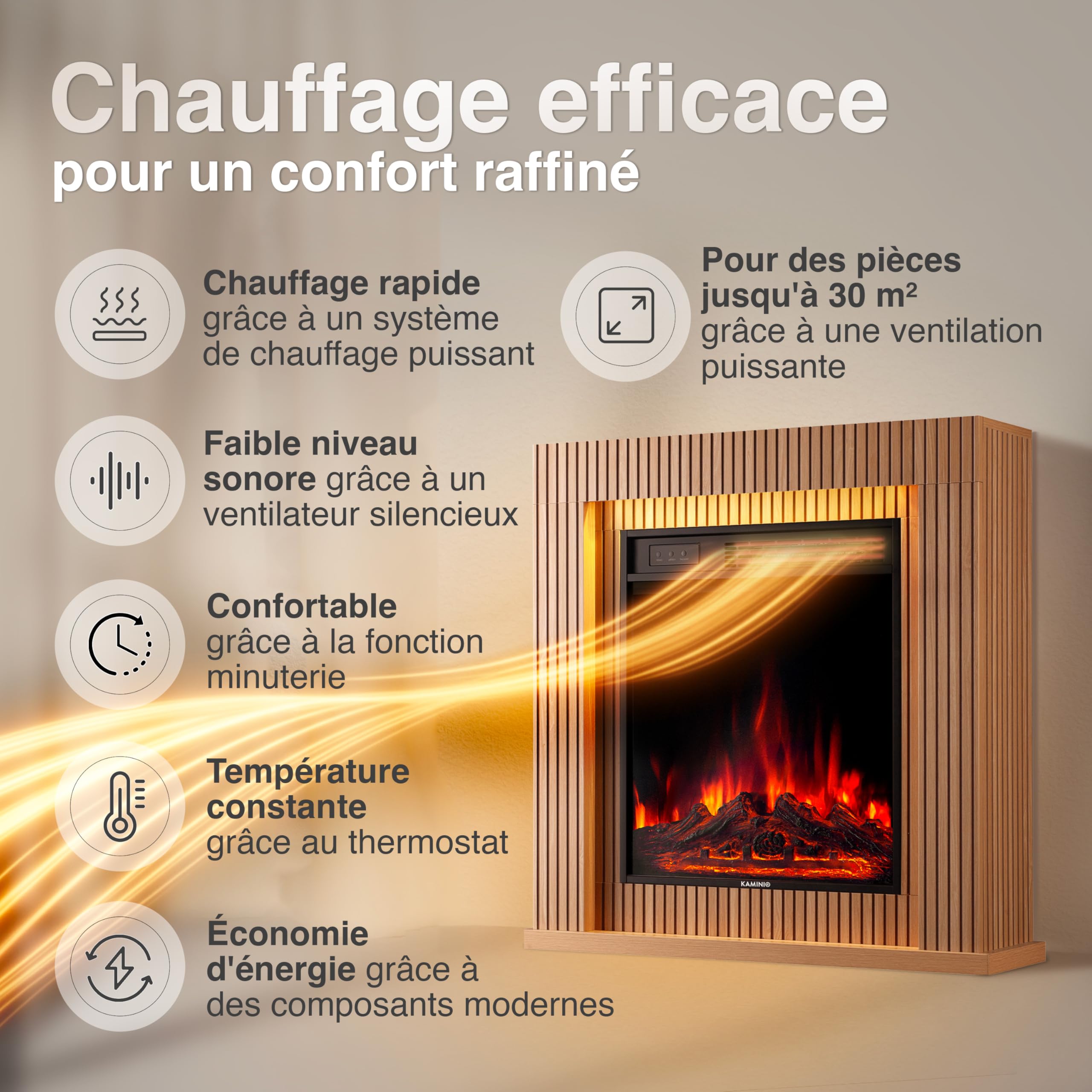 KAMINIO Cheminée électrique Matti - Cheminée sur Pied avec Chauffage, Effet de Flamme 3D, lumière d'ambiance LED, télécommande - 32 Pouces (Panneau)