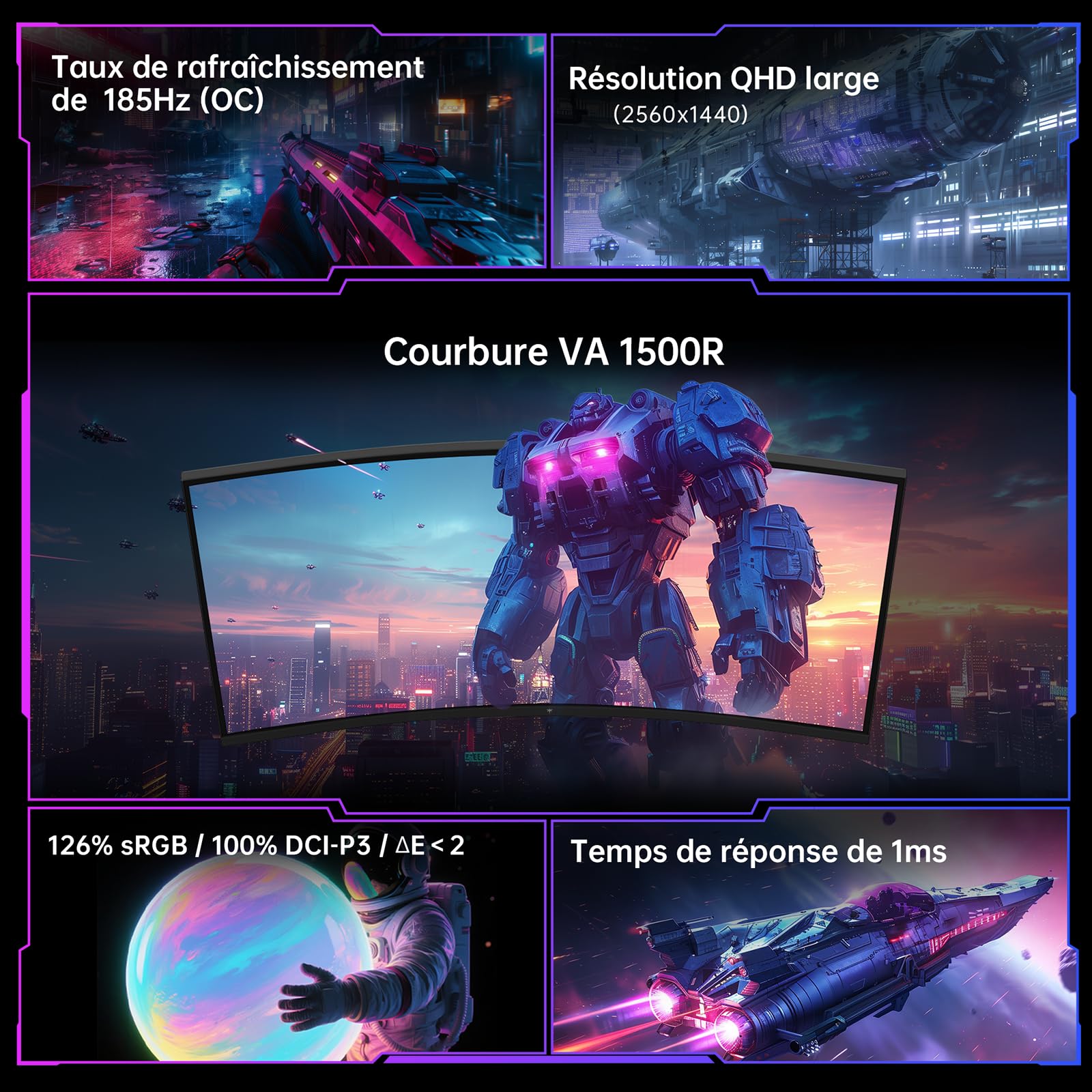 KTC Écran PC Gamer Incurvé 32 Pouces | QHD@185Hz (OC) | Temps Réponse 1ms | Dalle HVA, Courbure 1500R | 96% DCI-P3, 99% sRGB, 1,07 Mds de Couleurs | HDR10 | VESA 100×100 | Faible Lumière Bleue | H32S5