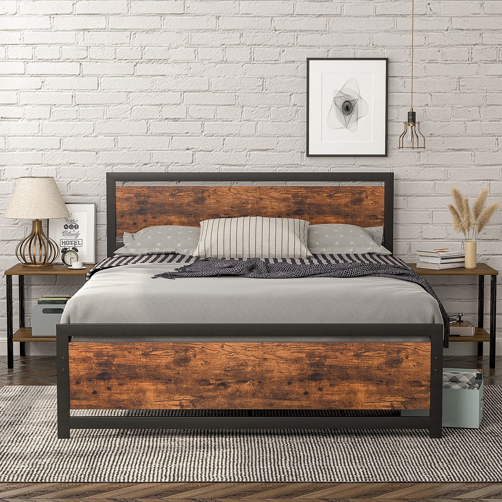 Buy Full Size Bed Frame with Wooden Headboard Heavy Duty Platform Metal