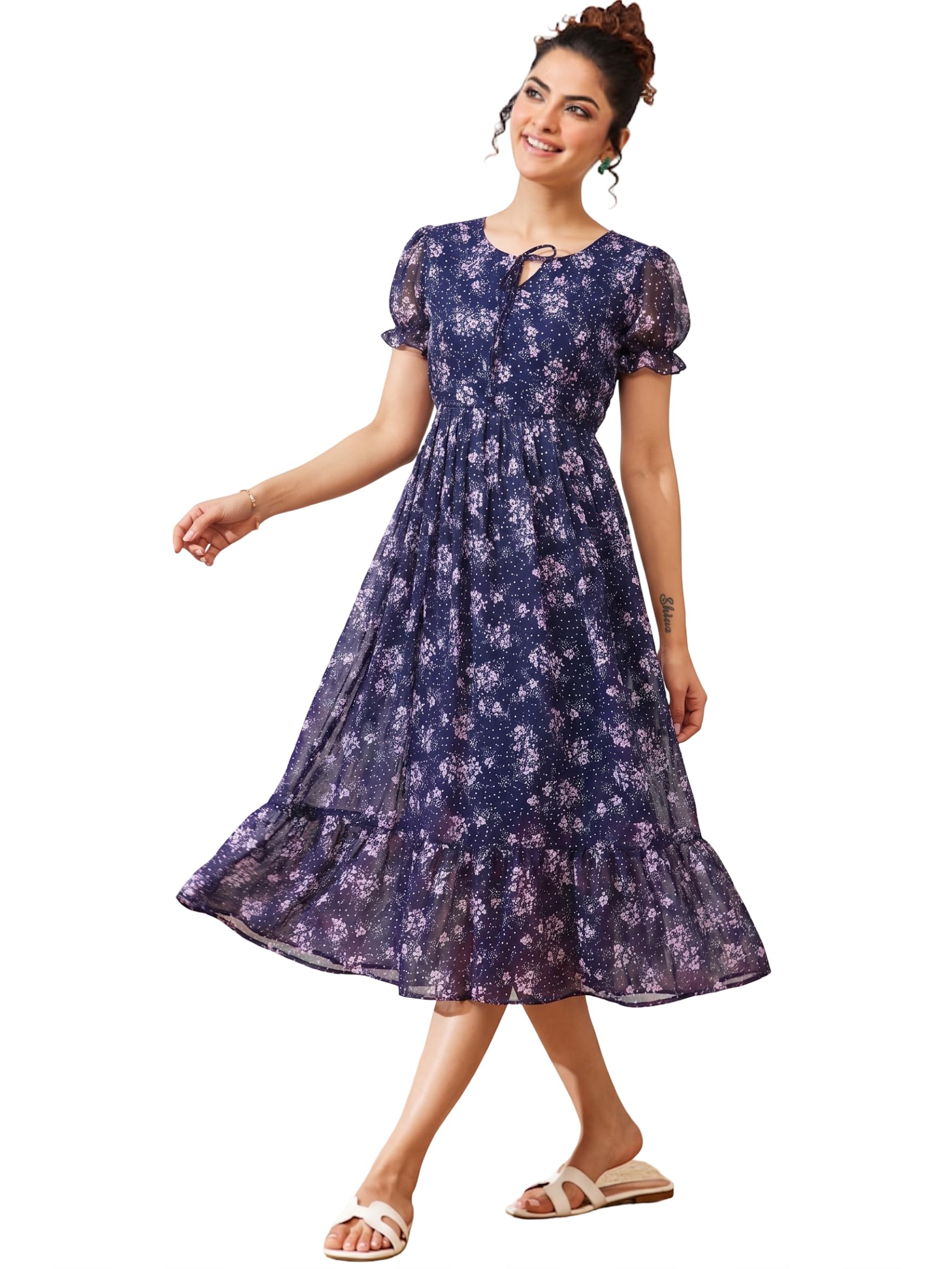 Women’s Georgette Fit & Flare Maxi Dress | Printed A-Line Dress with Puff Sleeves & Round Neck | Casual, Office-image-14