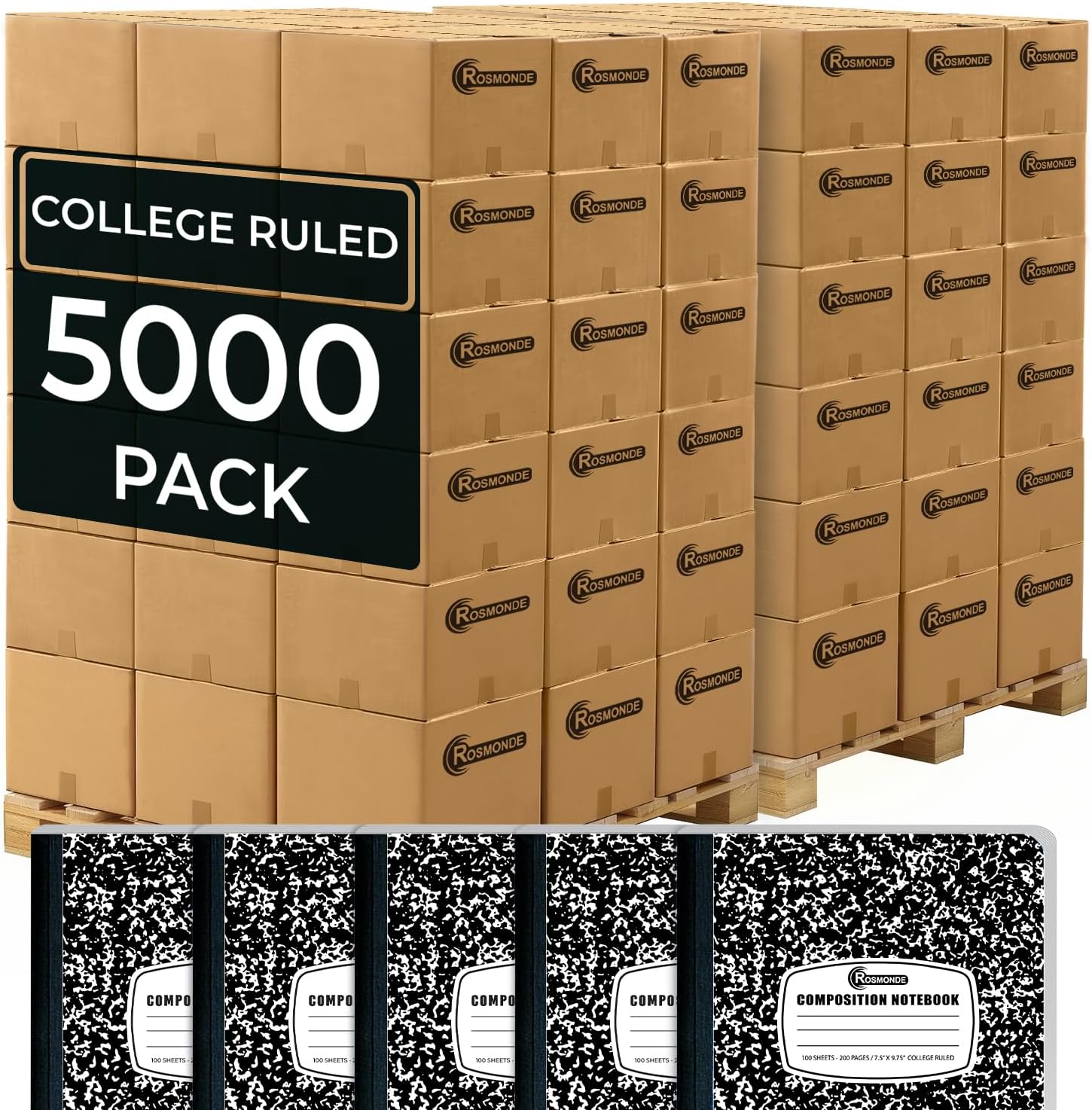 Rosmonde 5000 Pack (Pallet) Composition Notebook Bulk, College Ruled Sheets, 100 Sheets (200 Pages), 9-3/4 x 7-1/2, Bulk Supplies for Schools, Black Marble Notebooks, 4-7 Days Transit