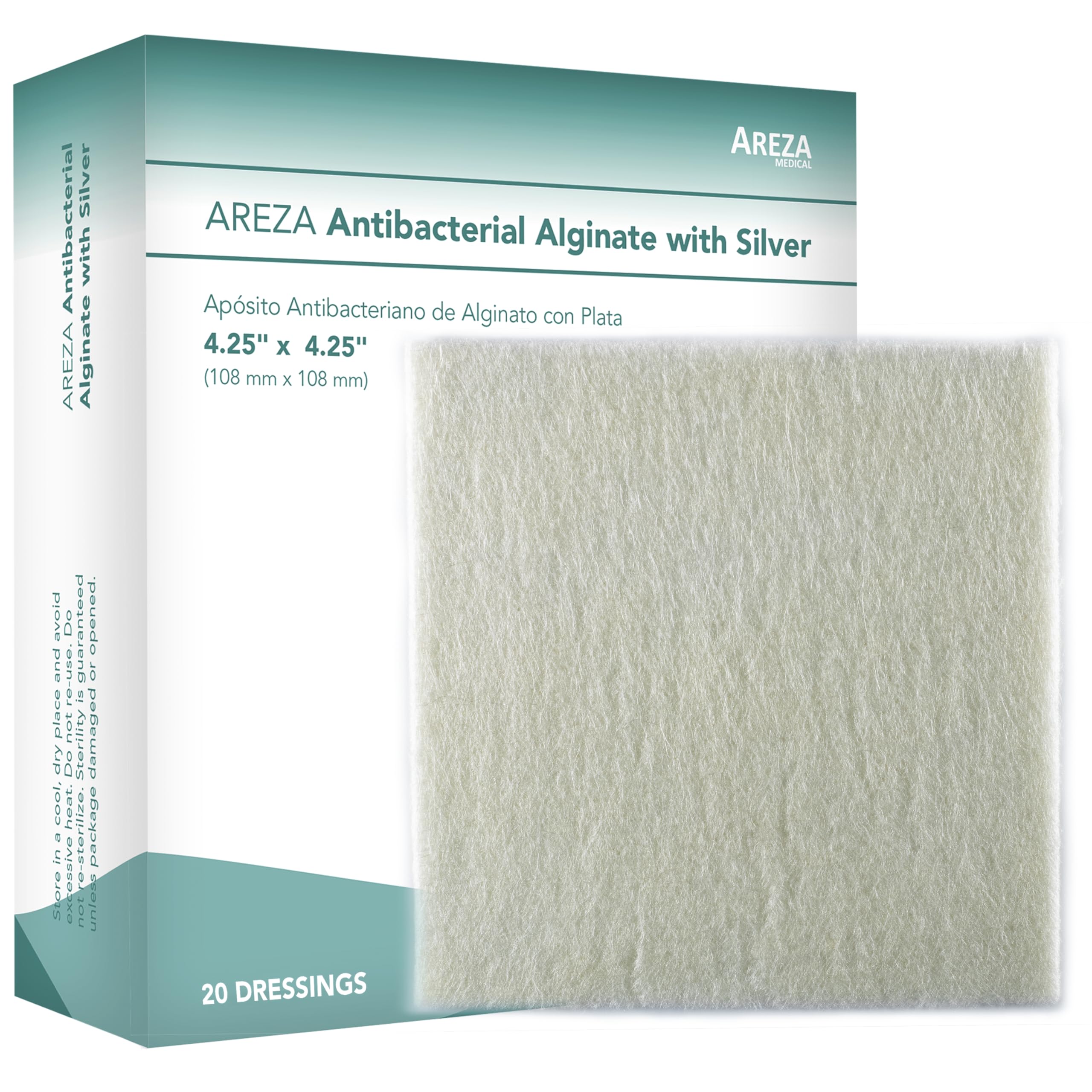 Sponsored Ad - Areza Silver Calcium Alginate Antibacterial Wound Dressing Pads – Sterile, Non-Stick, Highly Absorbent; for Wound Drainage & Infection Risk (4.25″×4.25″, 20-Pack per Box), 1 Box