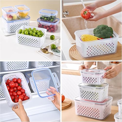 Vista 6 de Juego de 3 recipientes de almacenamiento de frutas para refrigerador con colador extraíble, tapa con colador, verduras y frutas, plástico sin BPA