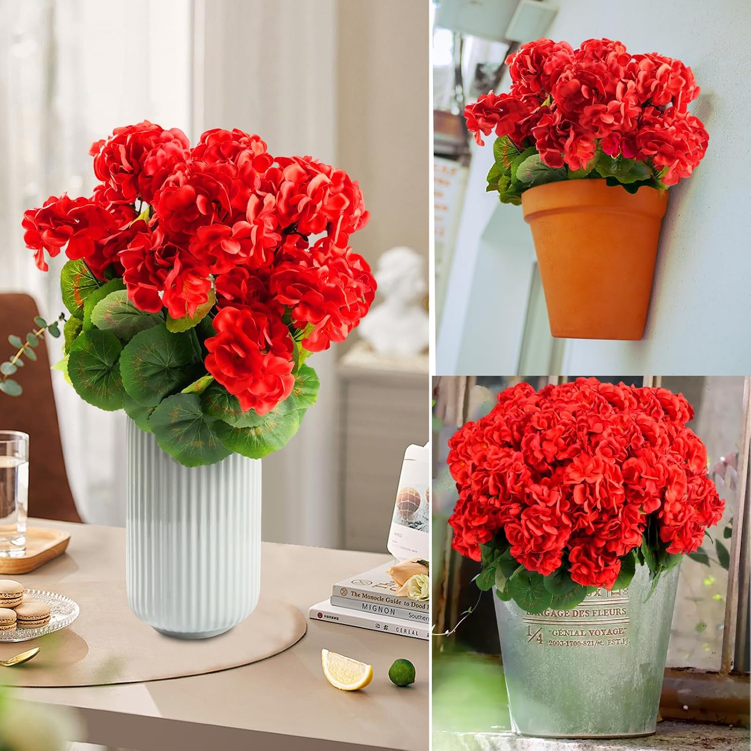 6 Bundles Artificial Flowers for Outdoors, Faux Geraniums Realistic Red Christmas Flowers, Faux Plants Outdoor UV Resistant for Garden Patio Porch Window Box Home Indoor Outdoor Decor (6, Red)