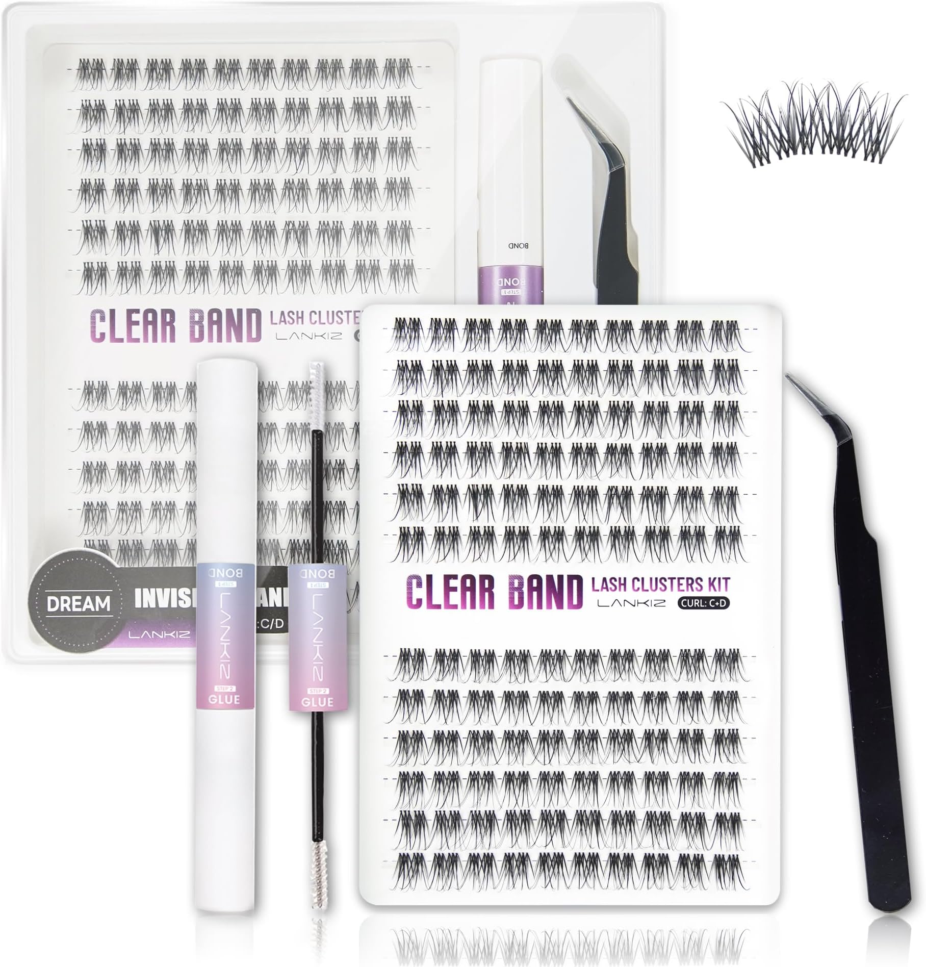 Lash Clusters Kit – LANKIZ Wispy & Fluffy Natural Eyelash Extensions, Invisible Band Individual Lashes Clusters, C+D Curl DIY Lash Extension Kit with Bond & Seal Glue for Beginners (Dream)