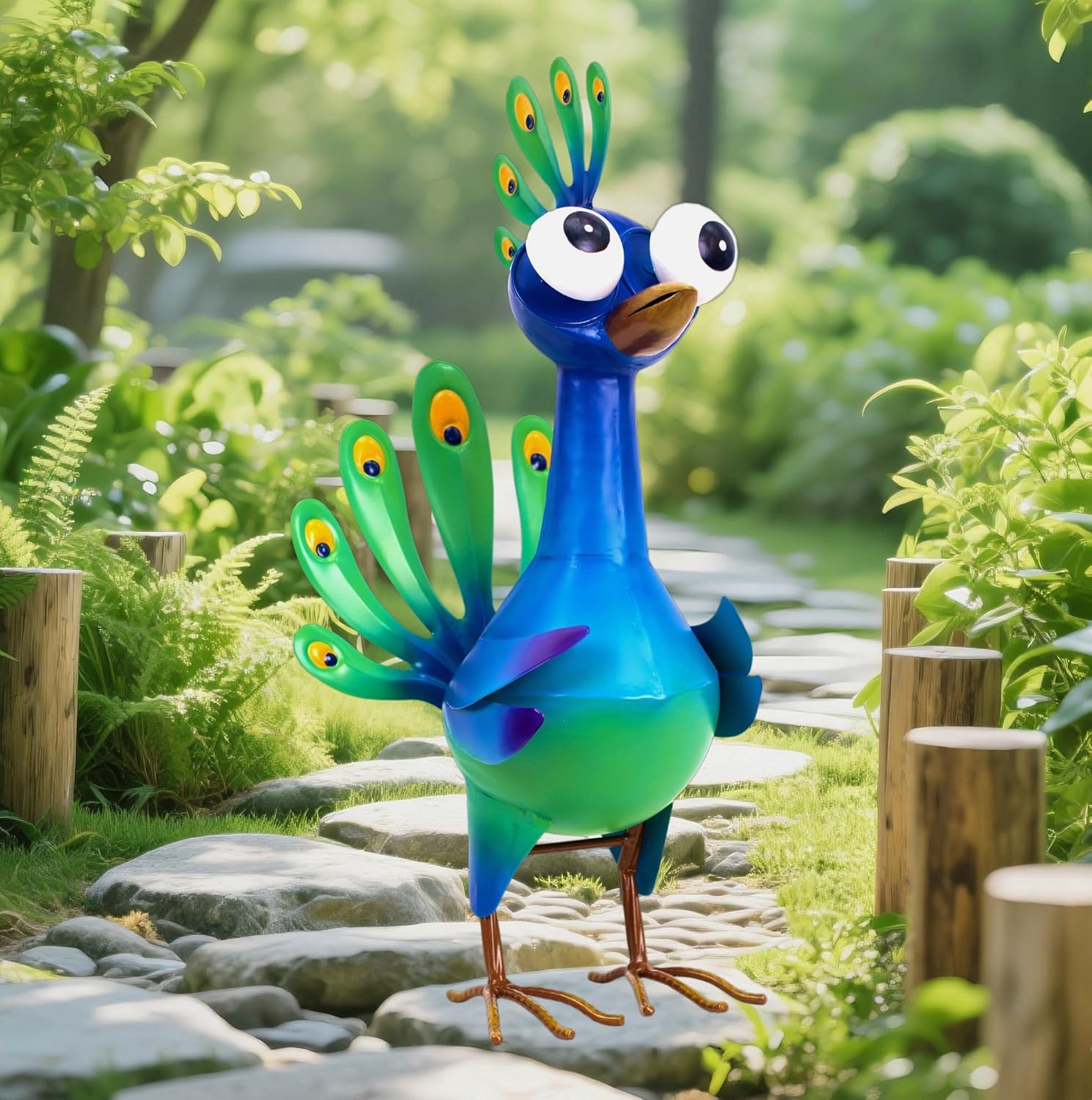 Metal Peacock Statue Garden Decor Cartoon Peacock with Bobbling Eyes Yard Art Lawn Patio Decoration Outdoor Sculpture for Housewarming Birthday Wedding
