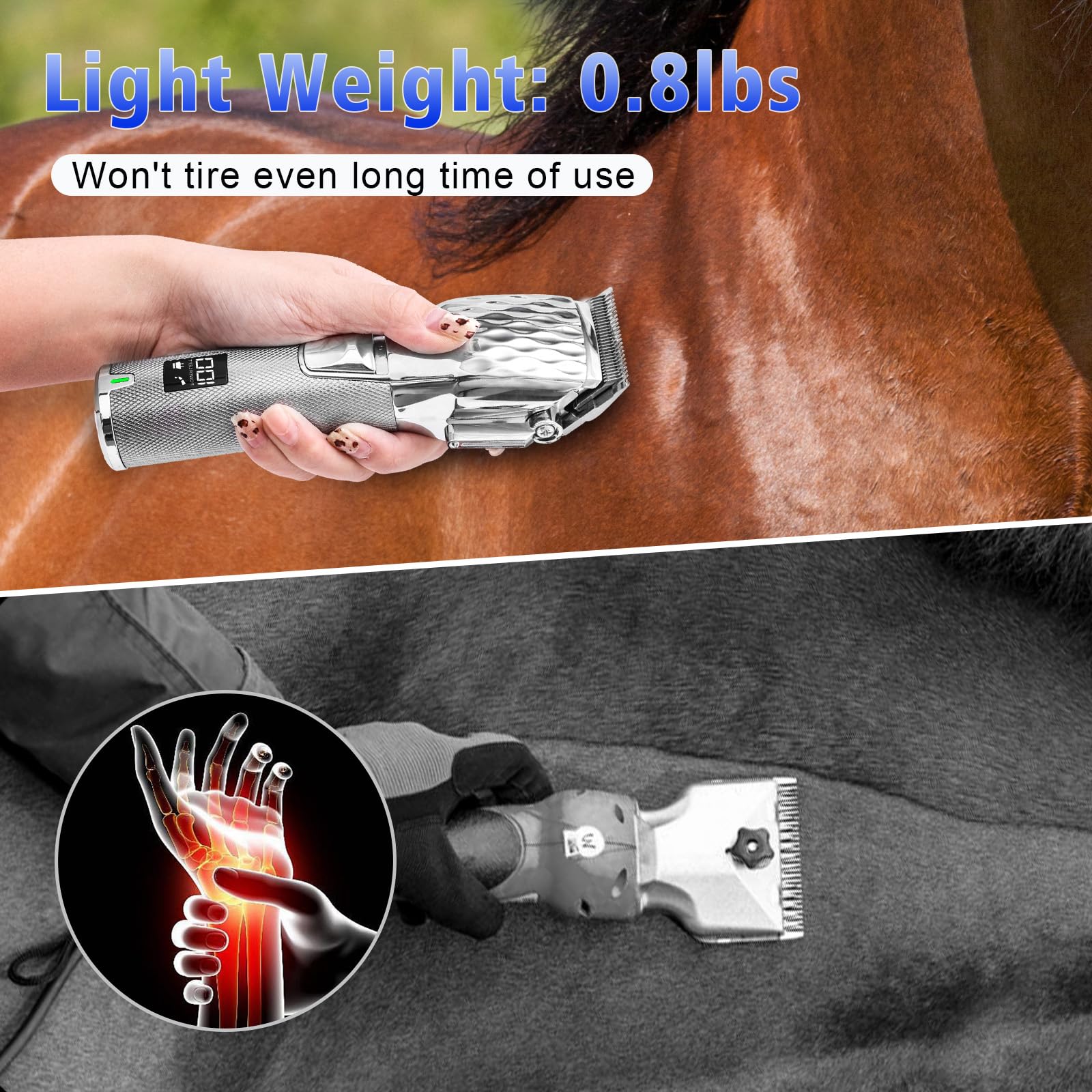 Tosatrice per cavalli, senza fili, ricaricabile, per capelli spessi e infeltriti, professionale, con motore potente da 6200 giri/min, peso leggero da 400 g, argento