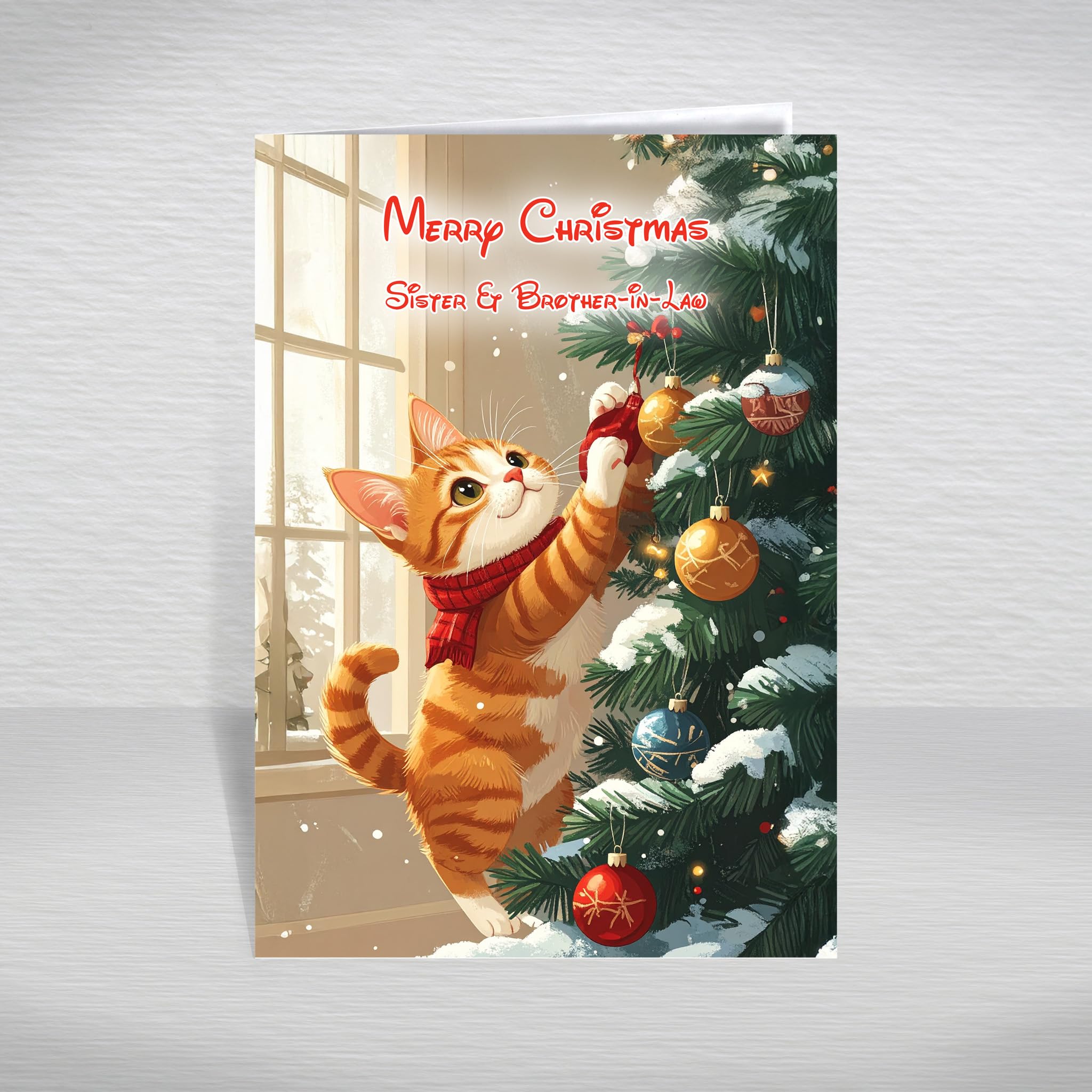 Cat Christmas Card for Sister & Brother-in-Law – Funny Kitten Playing with Christmas Tree Baubles, A5 Cute Cartoon Cat Greeting Card with a Special Verse Inside: Sister & Brother-in-Law Christmas Card — image 1