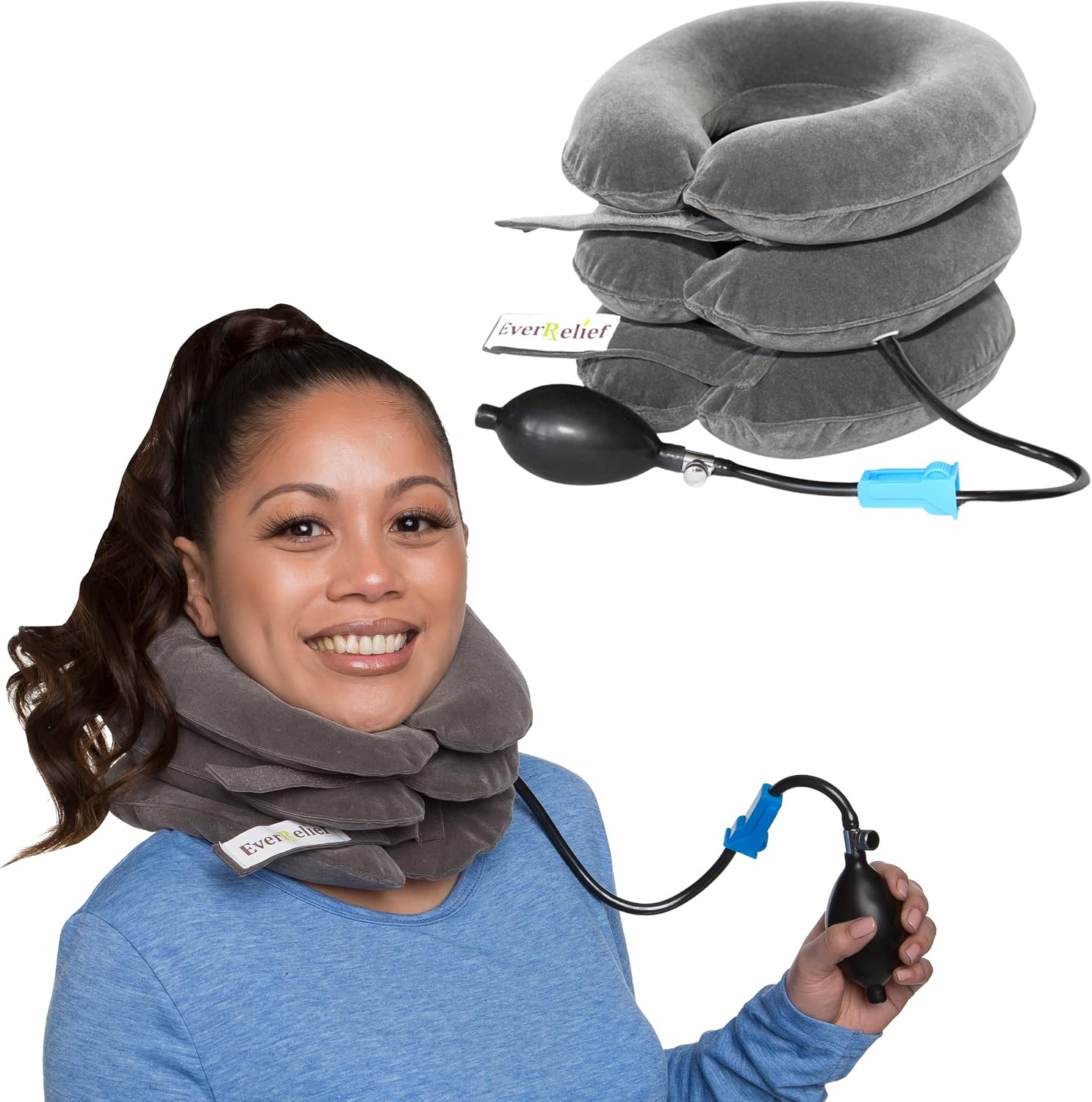 EverRelief Cervical Neck Traction Device for Instant Neck Pain Relief, Inflatable Neck Stretcher Cervical Traction for Home Use, USA Owned & FDA Registered Neck Decompression Pillow for Men & Women
