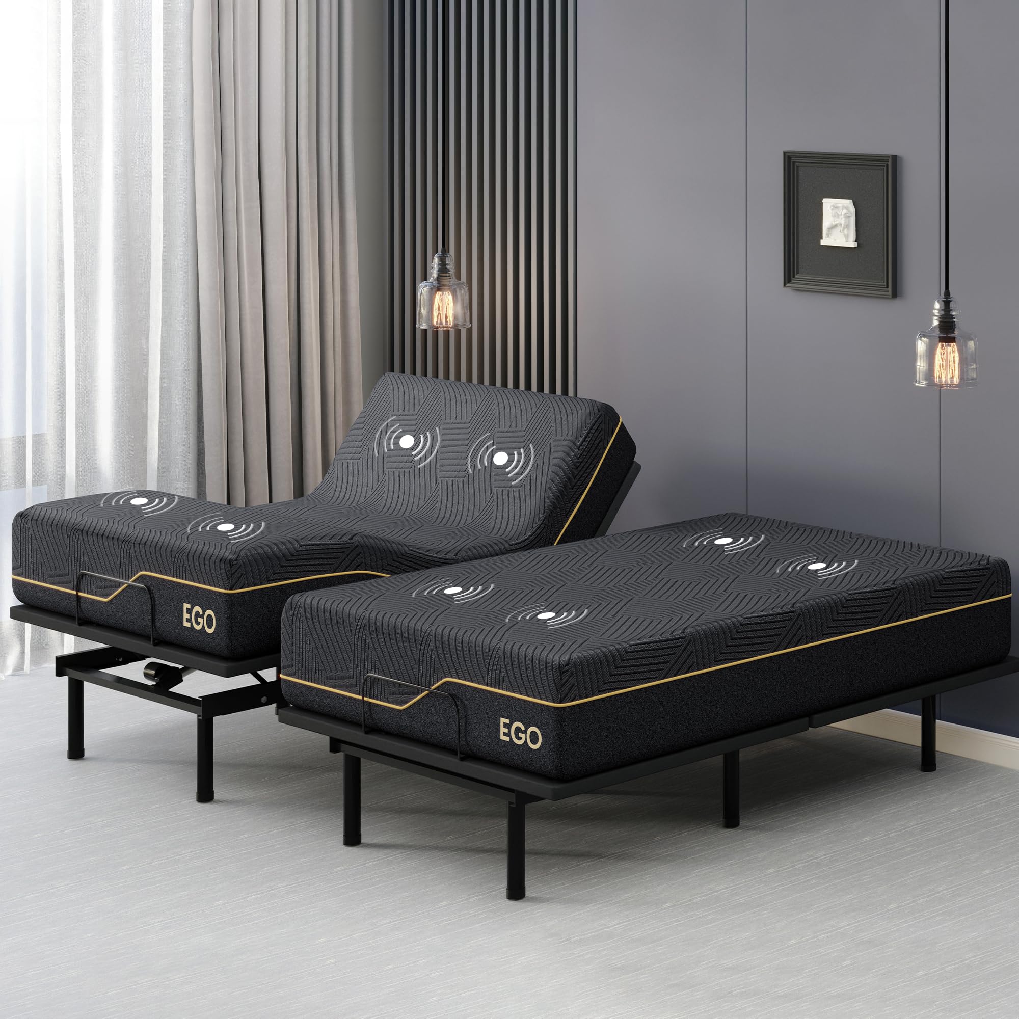 EGOHOME Split King Adjustable Bed Frame and 14" Memory Foam Mattress, Indepen...