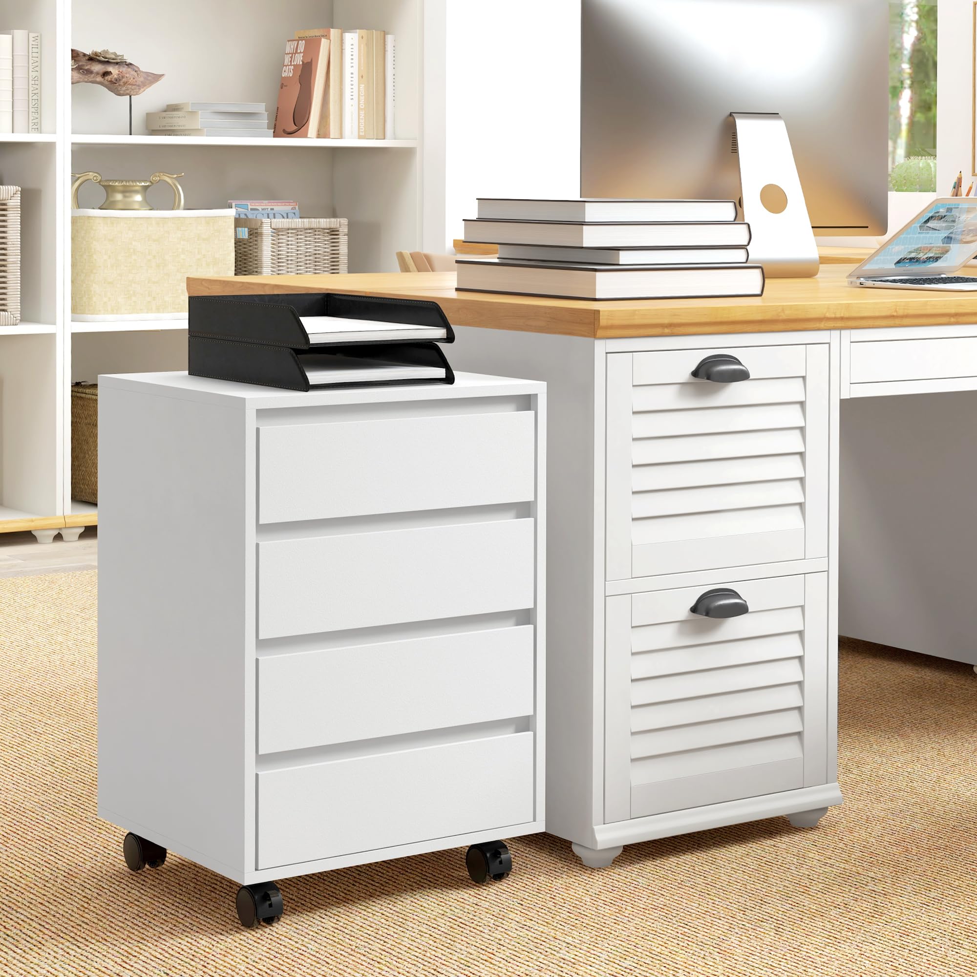 HOMCOM Schedario da Ufficio con 4 Cassetti, Ruote a Freno, Cassettiera Scrivania per Lettera/Formato A4/Legale, Cassettiera Ufficio per Studio Sotto Scrivania, 46x40x65 cm, Bianco