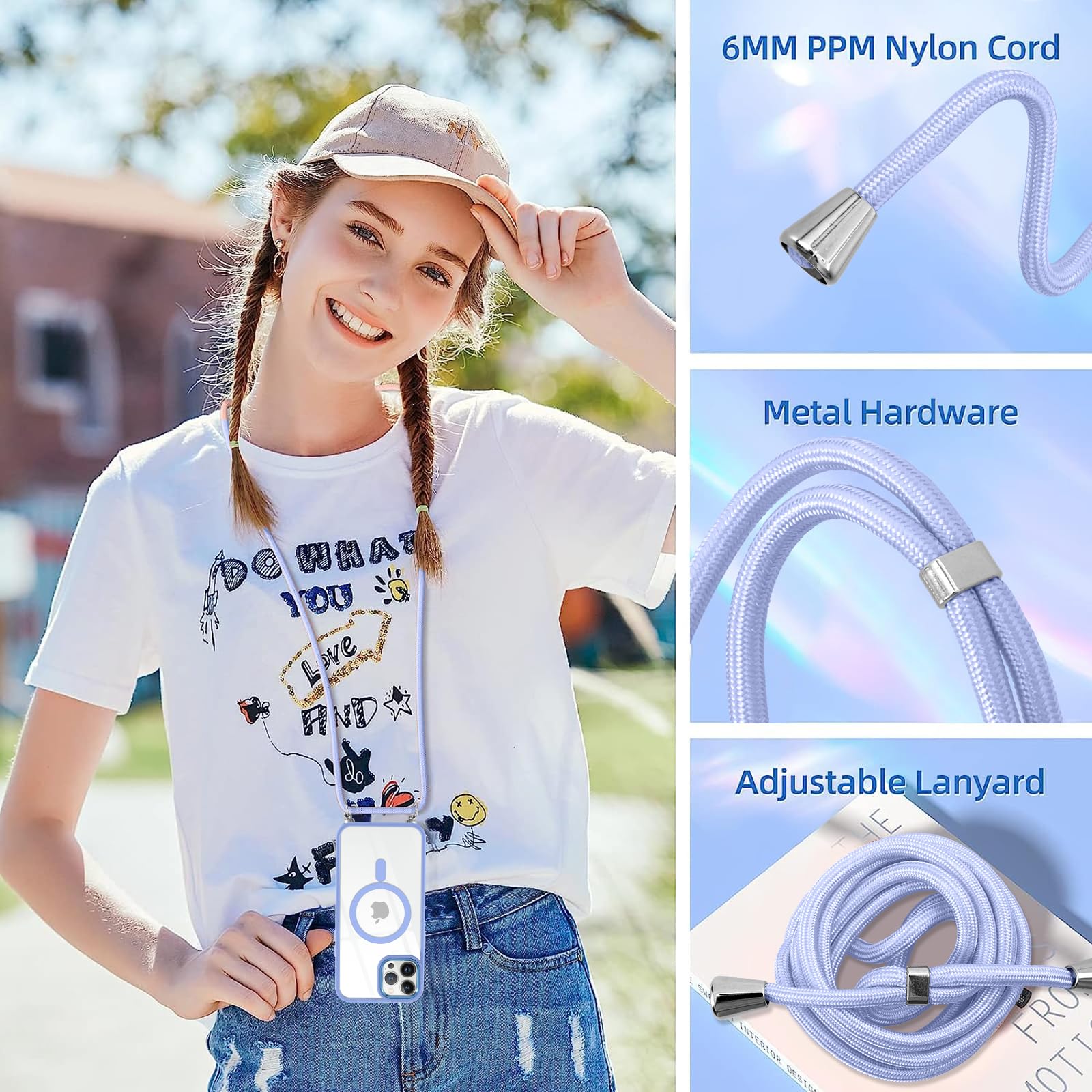 OUBELI Coque IPhone 16 Pro Avec Cordon Réglable MagSafe – Transparent Ultra-Mince Collier Magnétique Noir