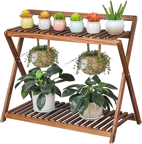 Soporte para plantas de interior para múltiples plantas, estante esquinero de madera de 2 niveles con colgador para macetas al aire libre, soporte