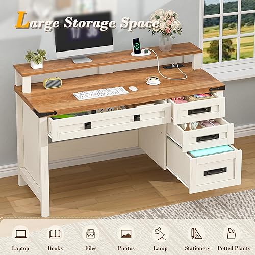 Miniatura 4 de Escritorio ejecutivo de granja con cajones, escritorio de computadora de 47 pulgadas con tomas de corriente, escritorio de oficina en casa con