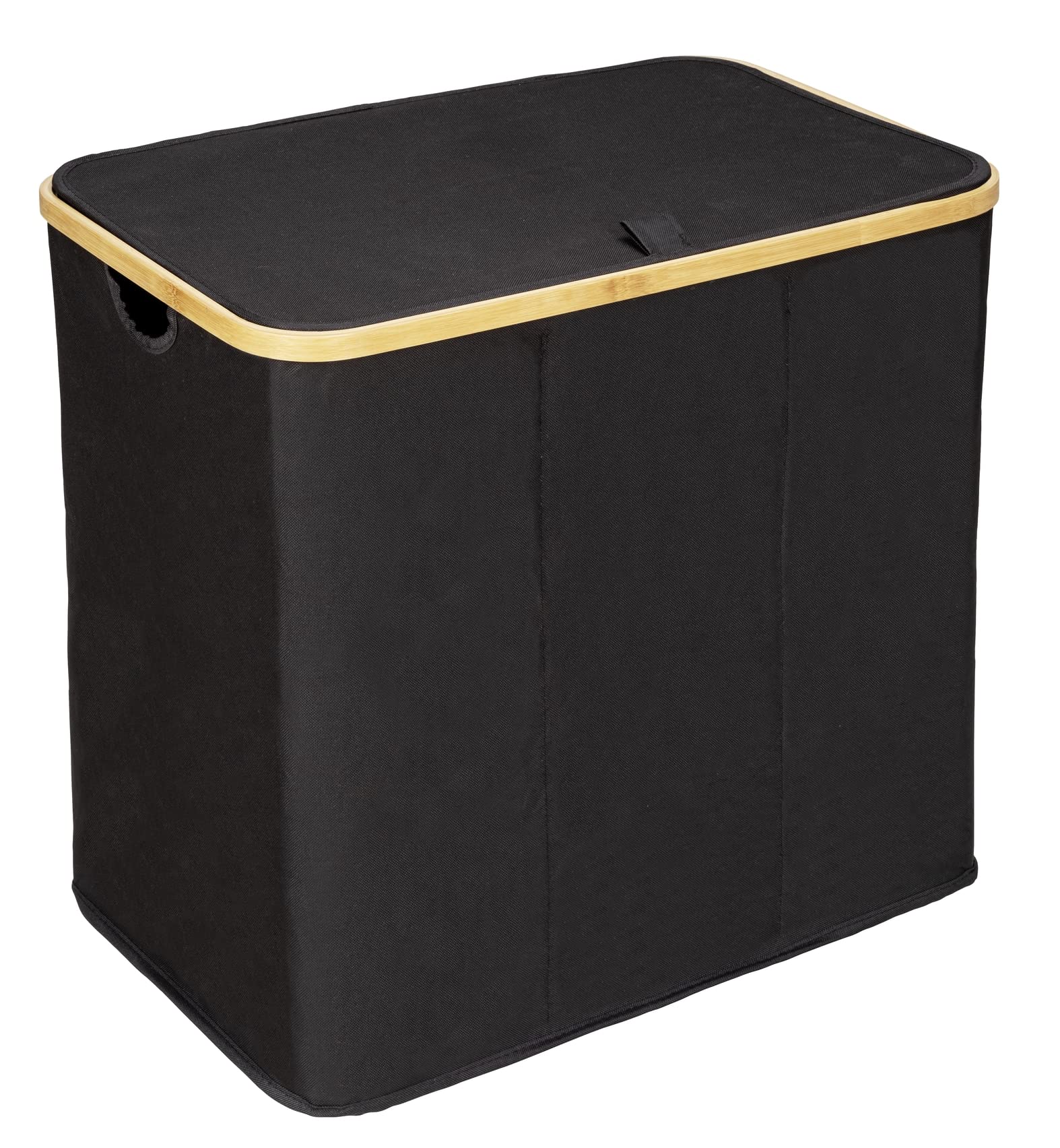 WENKO Wäschetruhe Trio Mod. Ecori, 3 Fächer (je 35 Liter), Rahmen aus FSC®-zertifiziertem Bambus, Wäschesack mit Deckel aus recyceltem Polyester, 57 x 50 x 37 cm, Natur/Schwarz