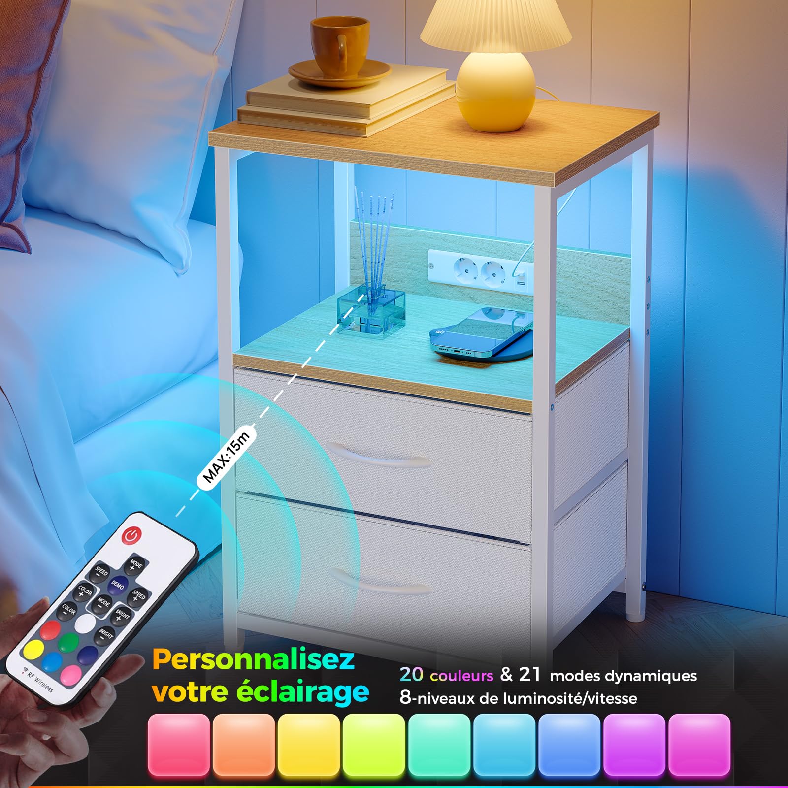 Seventable Table de Chevet avec Prise USB et 2 tiroirs - Table de Nuit connectée avec éclairage LED pour Chambre à Coucher, Salon ou canapé (Chêne Clair, Lot de 2)