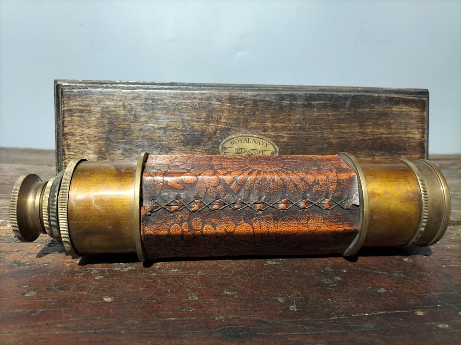 20" Tibetan Temple Collection Old Bronze Calfskin Telescopic Monocular high Power Telescope Wooden Box Office Ornament Town House