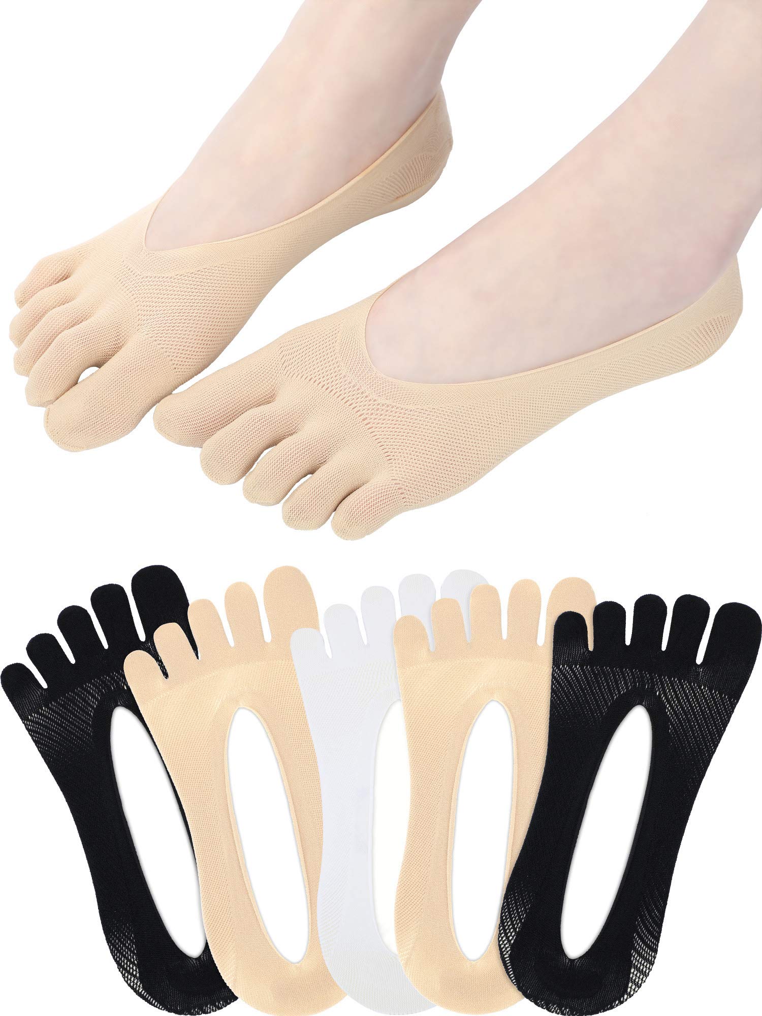 Pangda6 Pairs Women Toe Socks Full Finger Socks Low Cut Liner Socks with Gel Tab (Color Set 1)