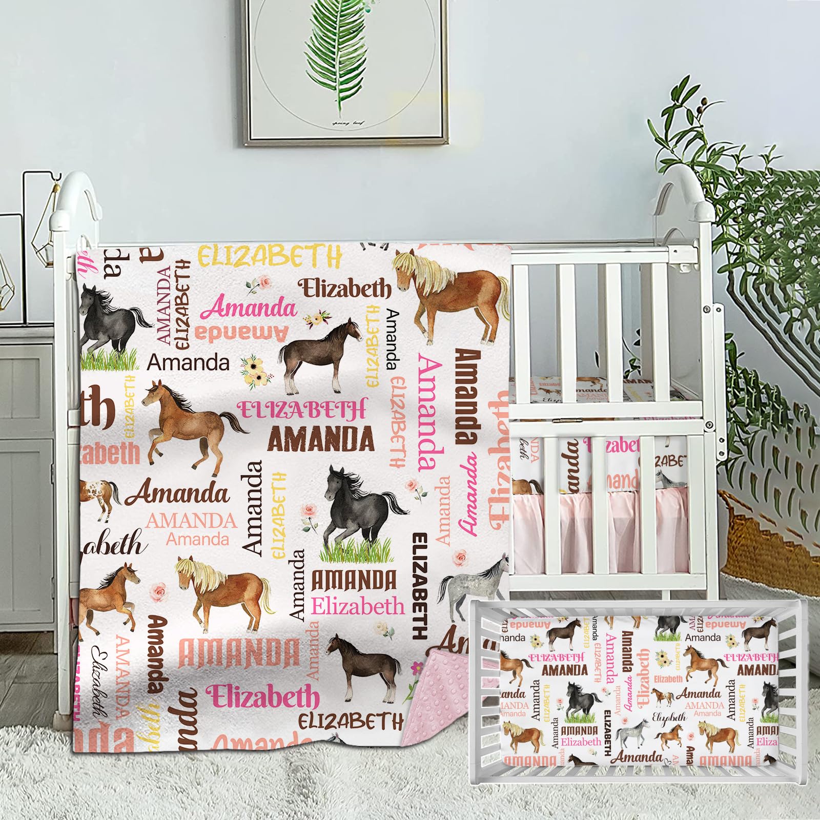Munific Personalized Crib Bedding Set for Girls, Custom Baby Bedding Sets with Name, Floral Horse 2 Piece Nursery Bedding Set for Infant Toddler, Comforter Fitted Crib Sheets Set for Newborn