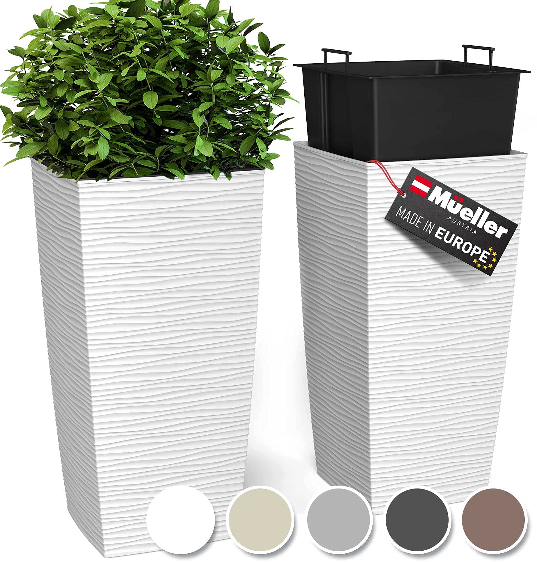 Mueller M-Resin Heavy Duty Tall Planter, Indoor/Outdoor Grande Plant, Tree, Flower Pot, 2-Piece Set, 24”, Modern Design, Built-in Drainage, White