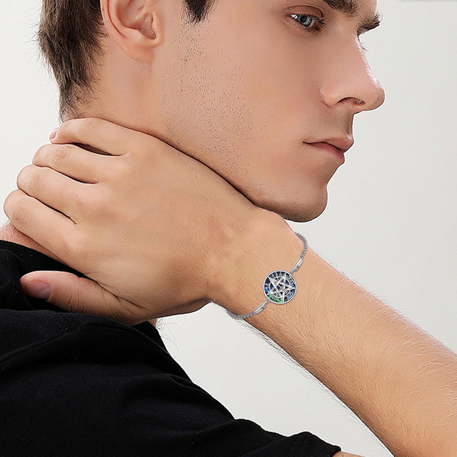 Tetragrammaton Bracelet Sterling Silver Pentagram Tetragrammaton Bar Bracelet Abalone Shell Pentacle Jewelry for Women - Image 2